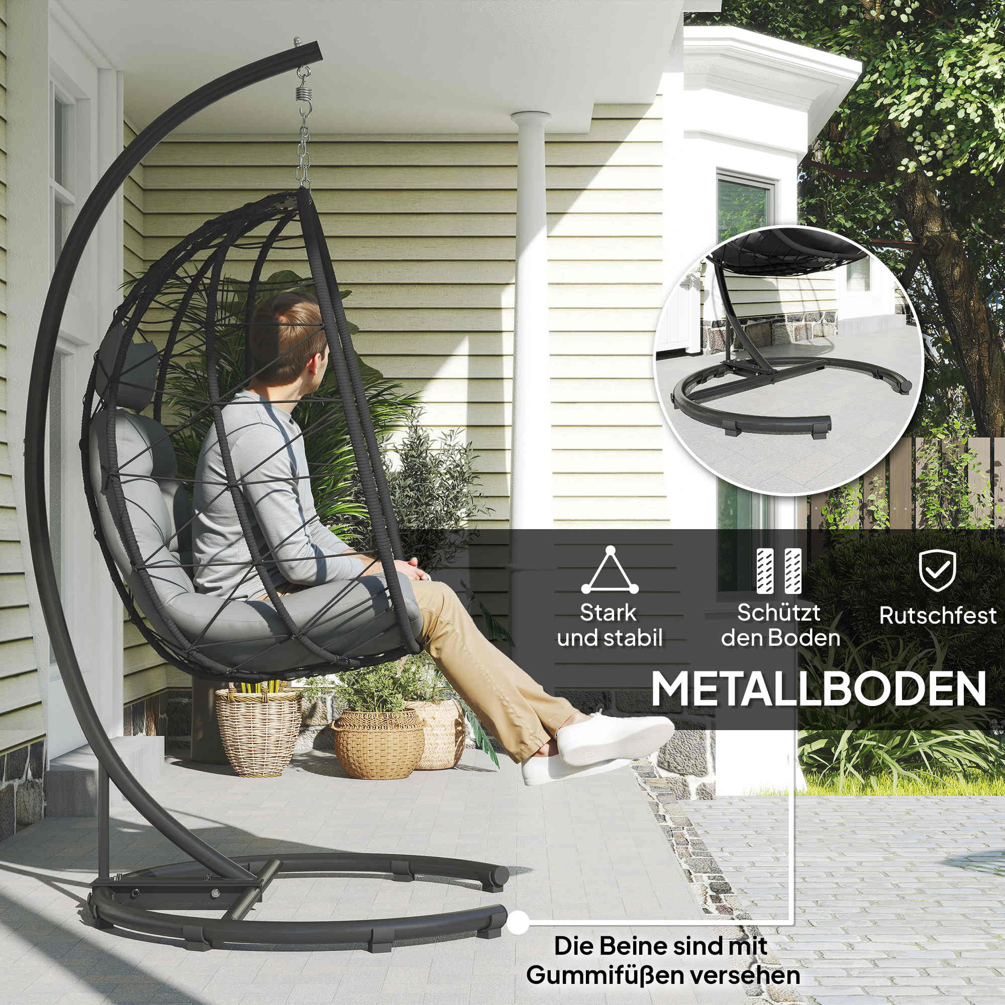 Hängesessel Outdoor Hängesessel Egg Chair, wetterbeständig, inkl. Polster, 102 cm x 102 cm x 195 cm, Dunkelgrau