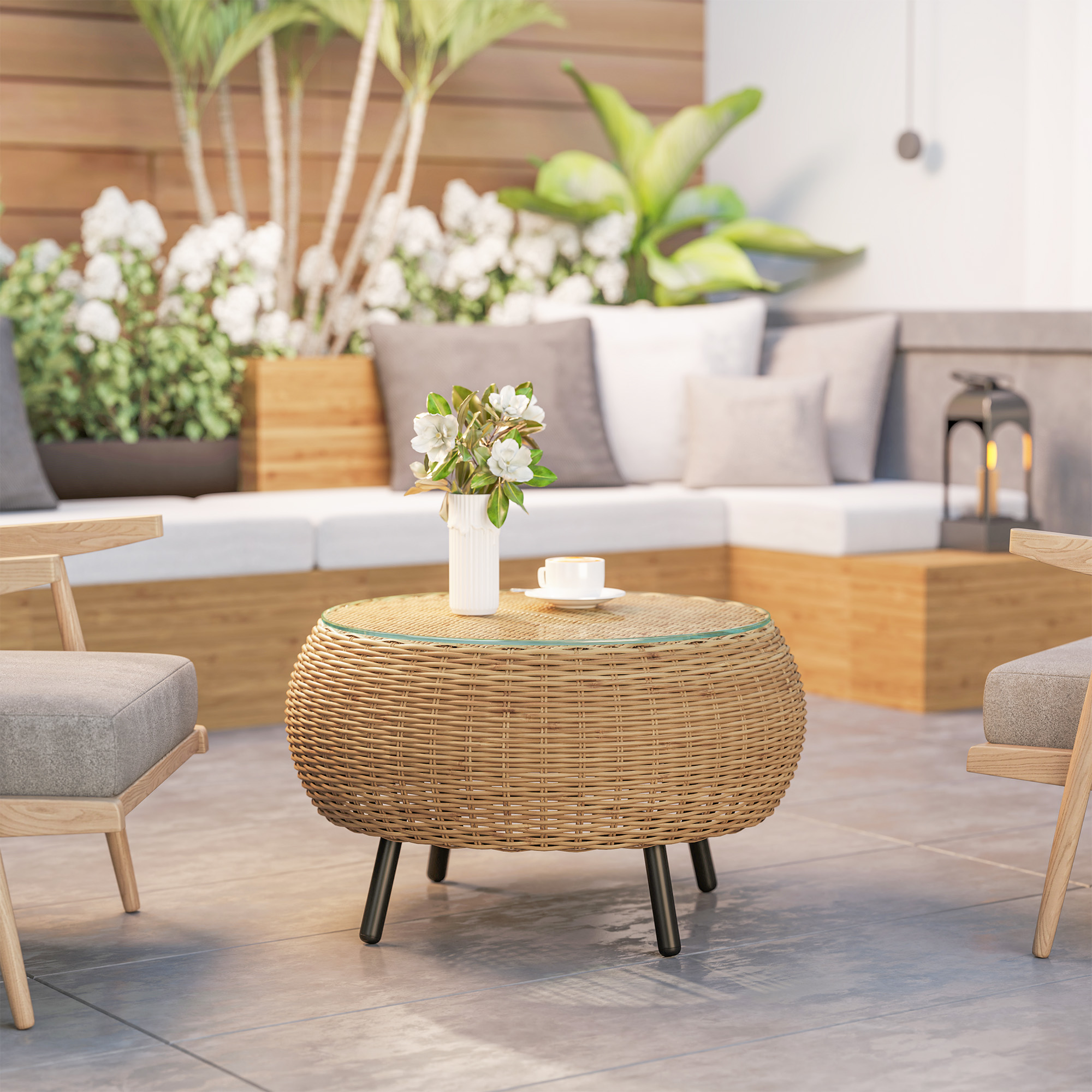 Beistelltisch aus Polyrattan runder Kaffeetisch Couchtisch mit Glas Tischplatte Ø75 x 42 cm Braun