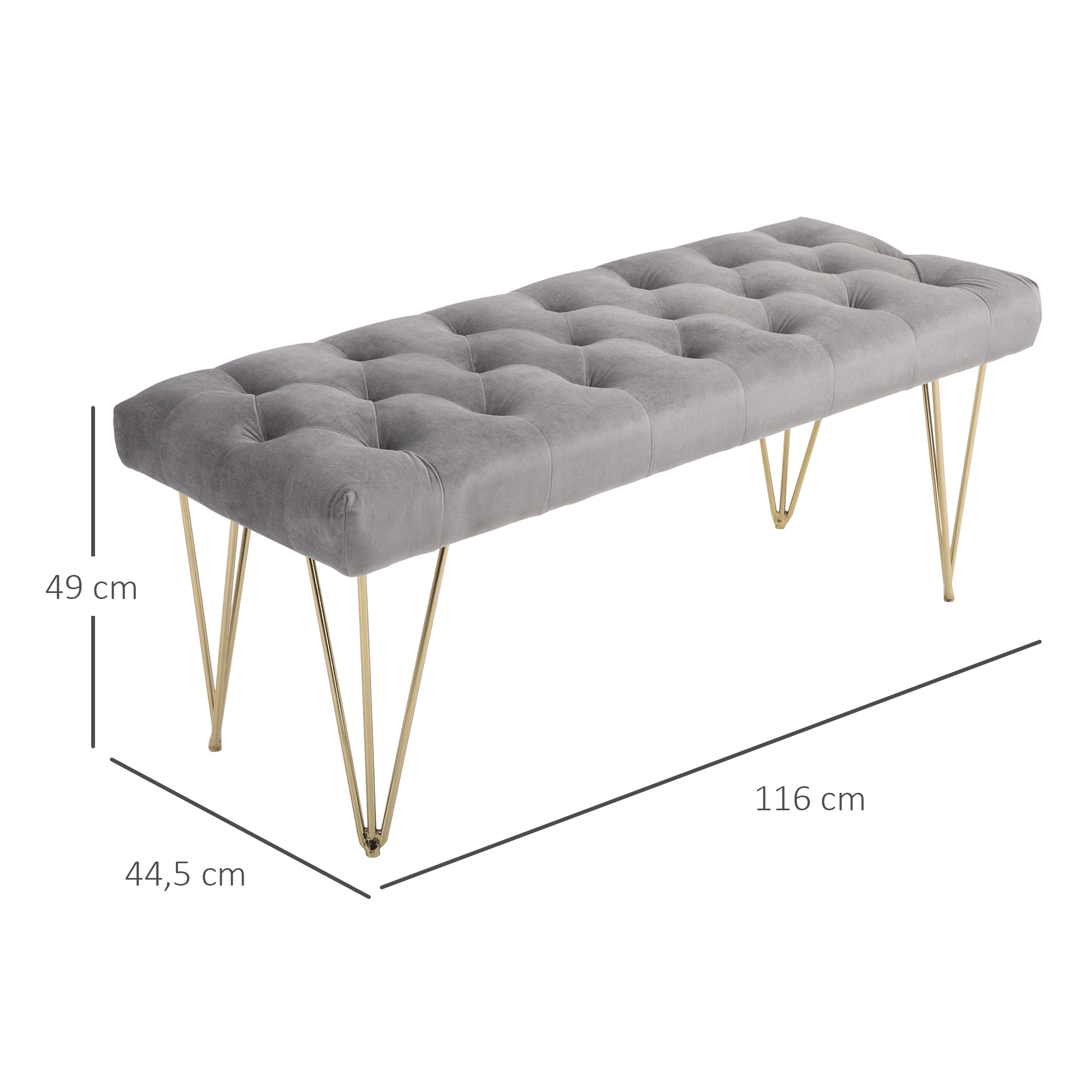 Sitzbank Polsterbank Pianobank Schuhbank mit Samtoptik Bettbank Klavierbank für Schlafzimmer, Wohnzimmer, Flur, Metall Grau 116 x 44,5 x 49 cm