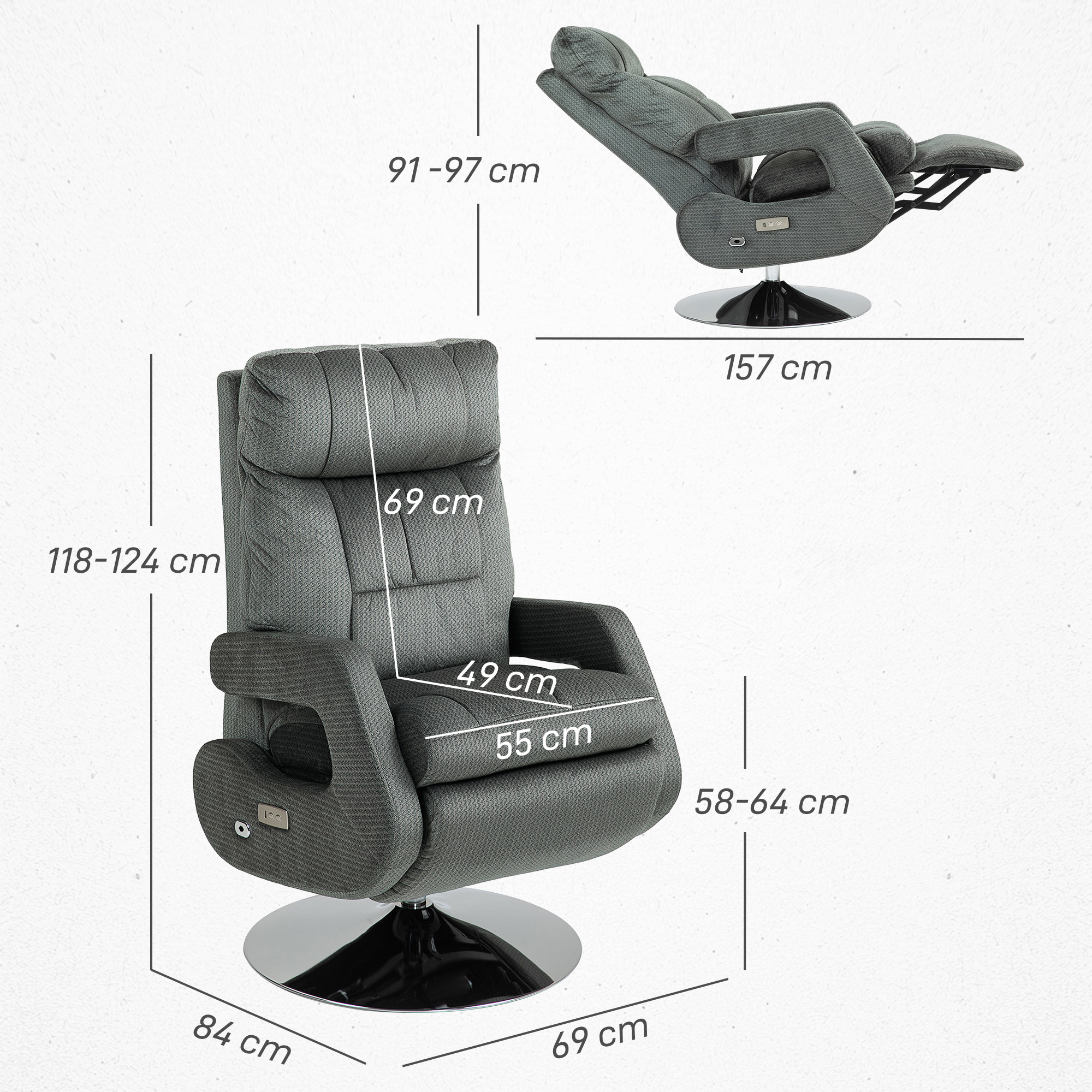 Recliner-Sessel, Elektrischer Polstersessel mit USB-Anschluss und Fußstütze, Samtoptik, drehbar, verstellbar, Grau