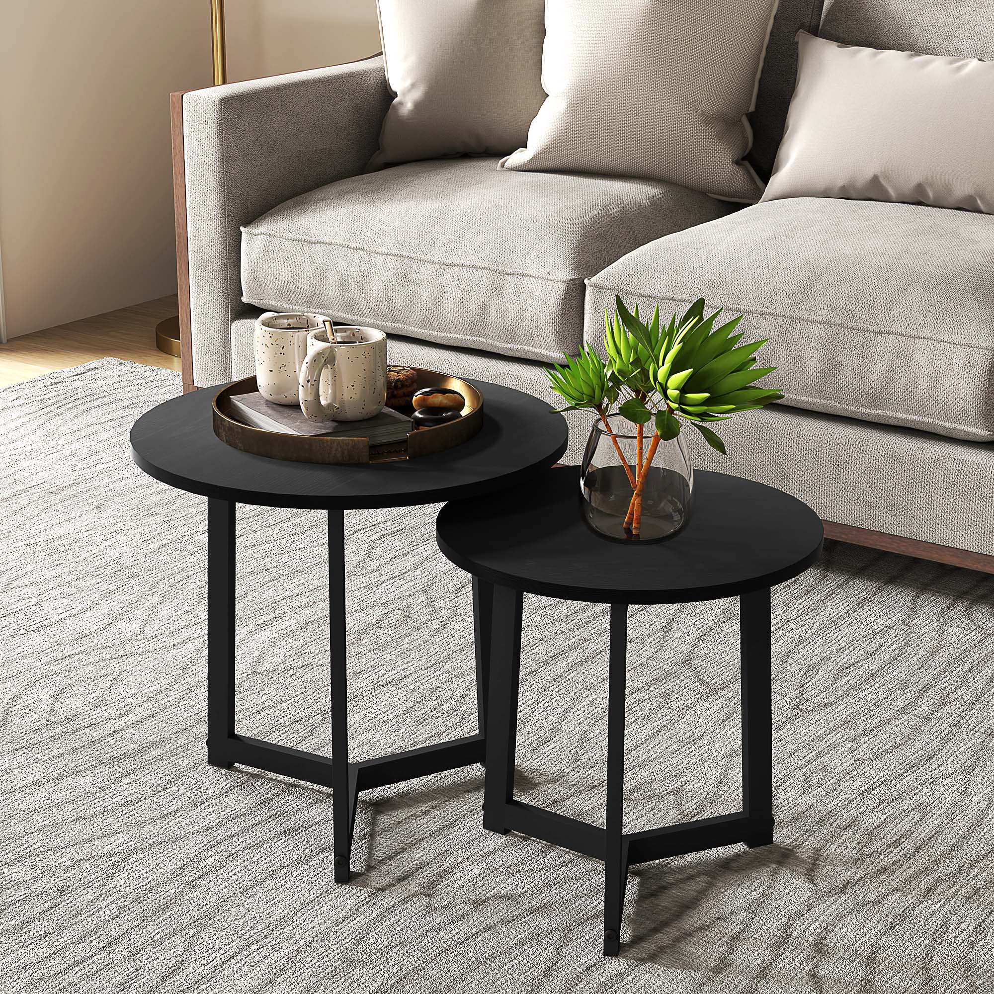 Moderner Couchtisch als 2er-Set, Metallrahmen, MDF, Rundes Design, ineinander verschiebbar, Schwarz