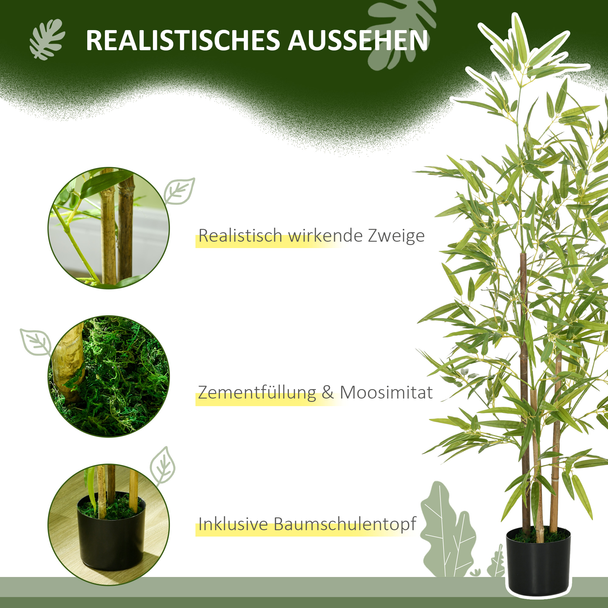 Bambus-Kunstbaum 2er-Set, 3 Stämme, pflegeleicht, 120 cm, Zementtopf, Grün