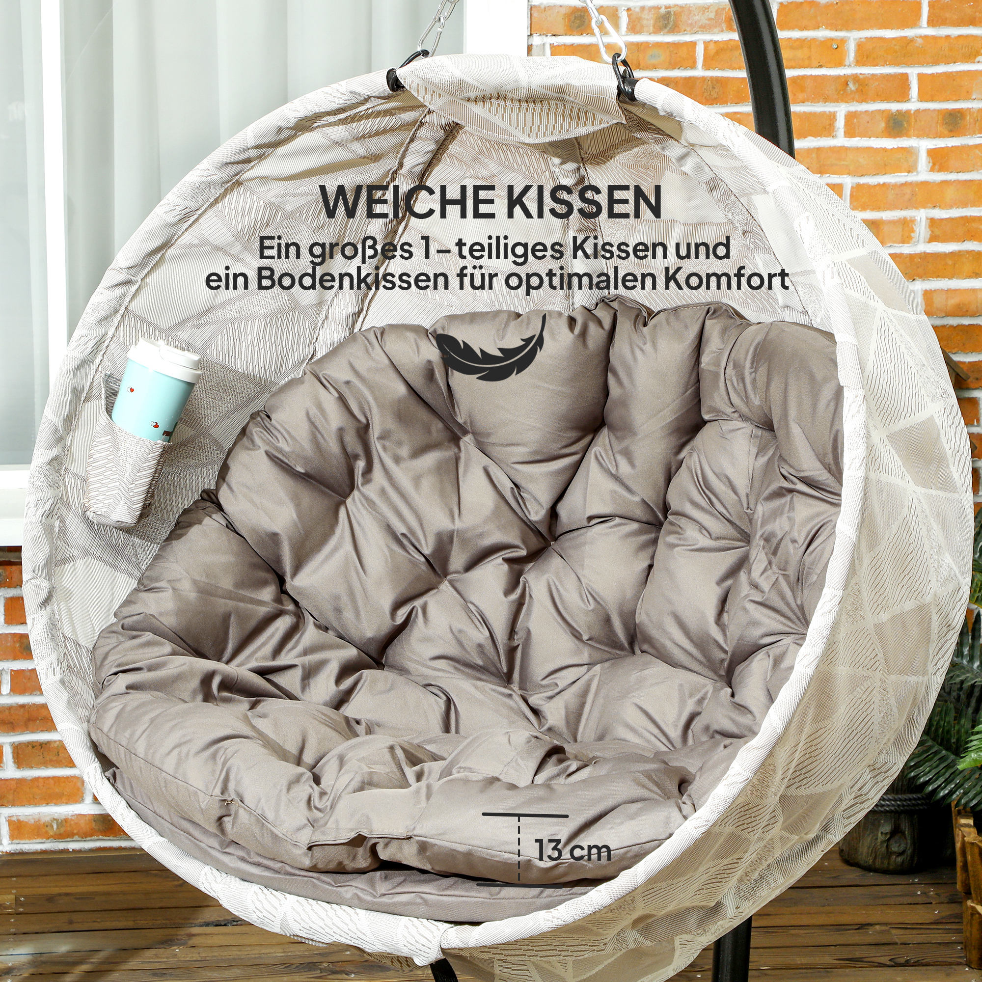 Eiförmiger Hängekorb, Hängesessel mit Schaukelfunktion und faltbarem Korb, Gartenstuhl, Becherhalter, Sandbraun