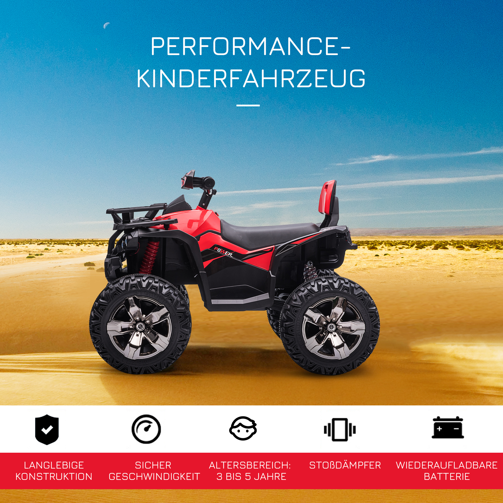 Elektro-Kinderquad, 3-8 km/h, 45 Min. Betriebszeit, LED-Scheinwerfer, Musikplayer mit USB, für Kinder 3 bis 5 Jahre