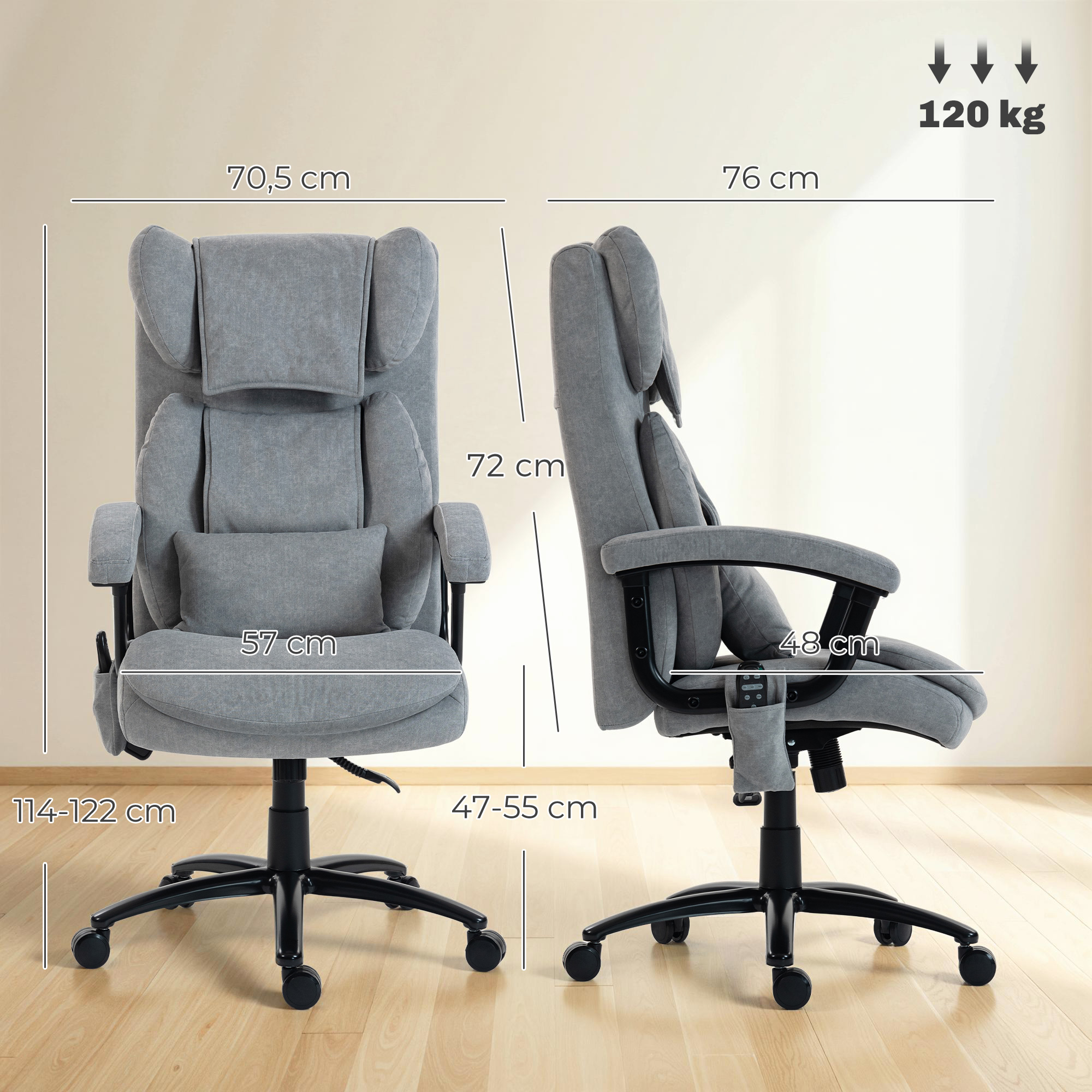 ergonomischer Massage-Bürostuhl mit 4 Knetpunkten, Chefsessel mit hoher Butterfly-Rückenlehne, breitem Sitz, Grau