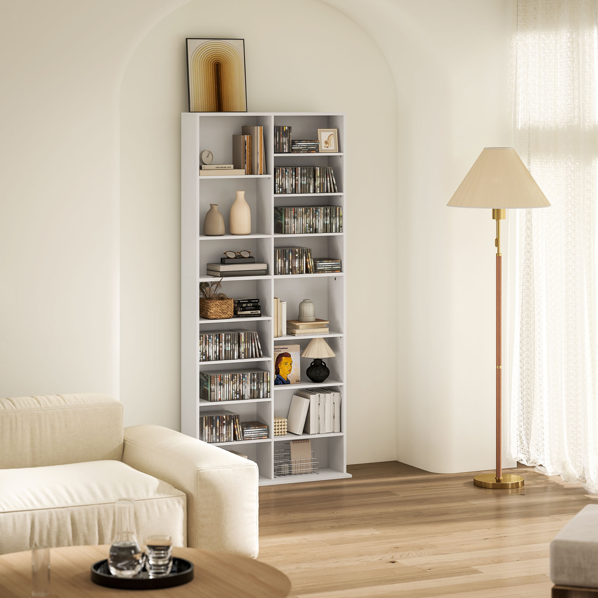 DVD-Regal, CD-Aufbewahrungsregal, 14 anpassbare Regale, 18 Fächer, 175 cm, Blu-ray-Regal, Spanplatte, Weiß