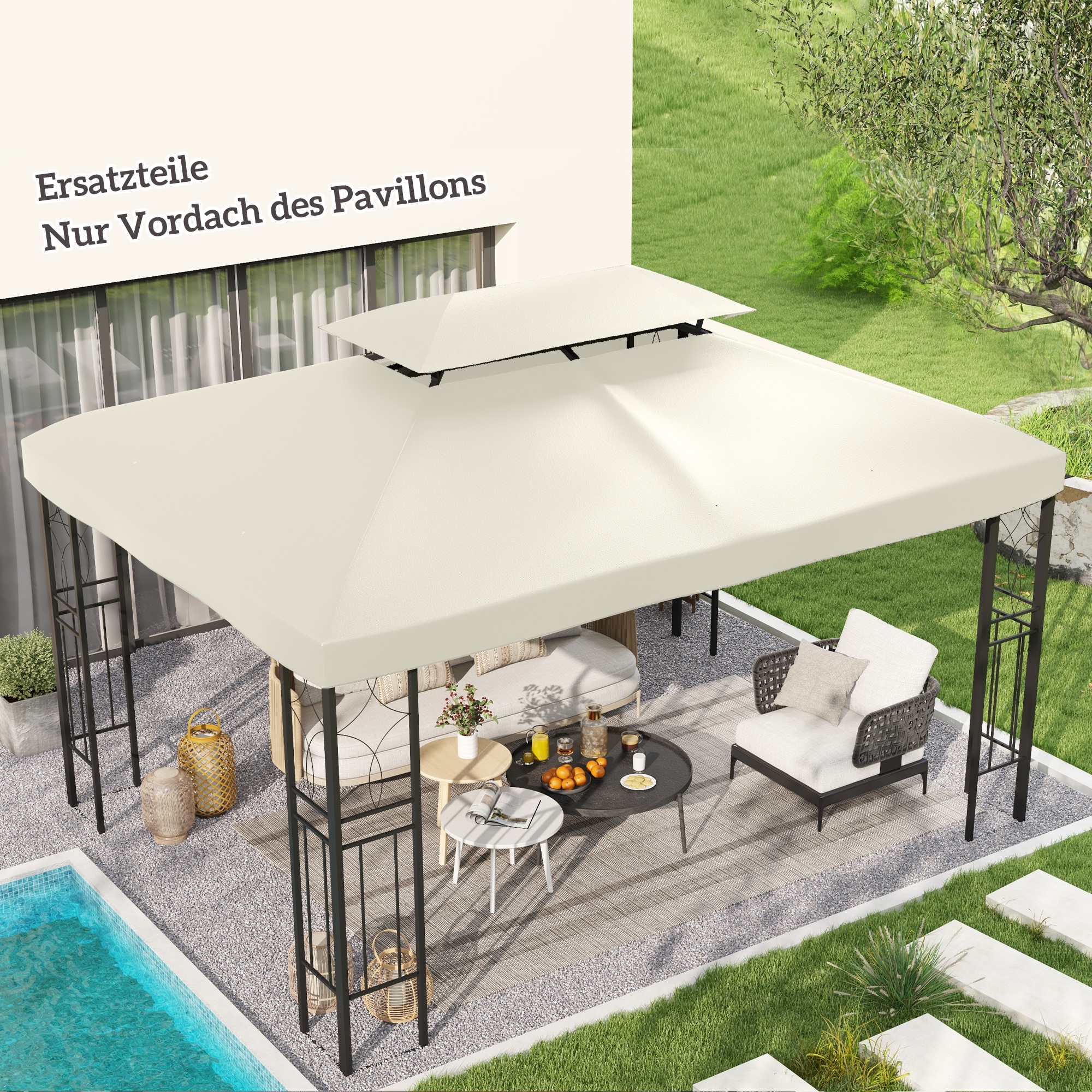 Ersatzdach für Pavillon 3 x 4 m wasserabweisend Pavillondach mit Doppeldach Ersatzbezug für Gartenpavillon Ersatzteile aus Polyestet-Stoff Cremeweiß