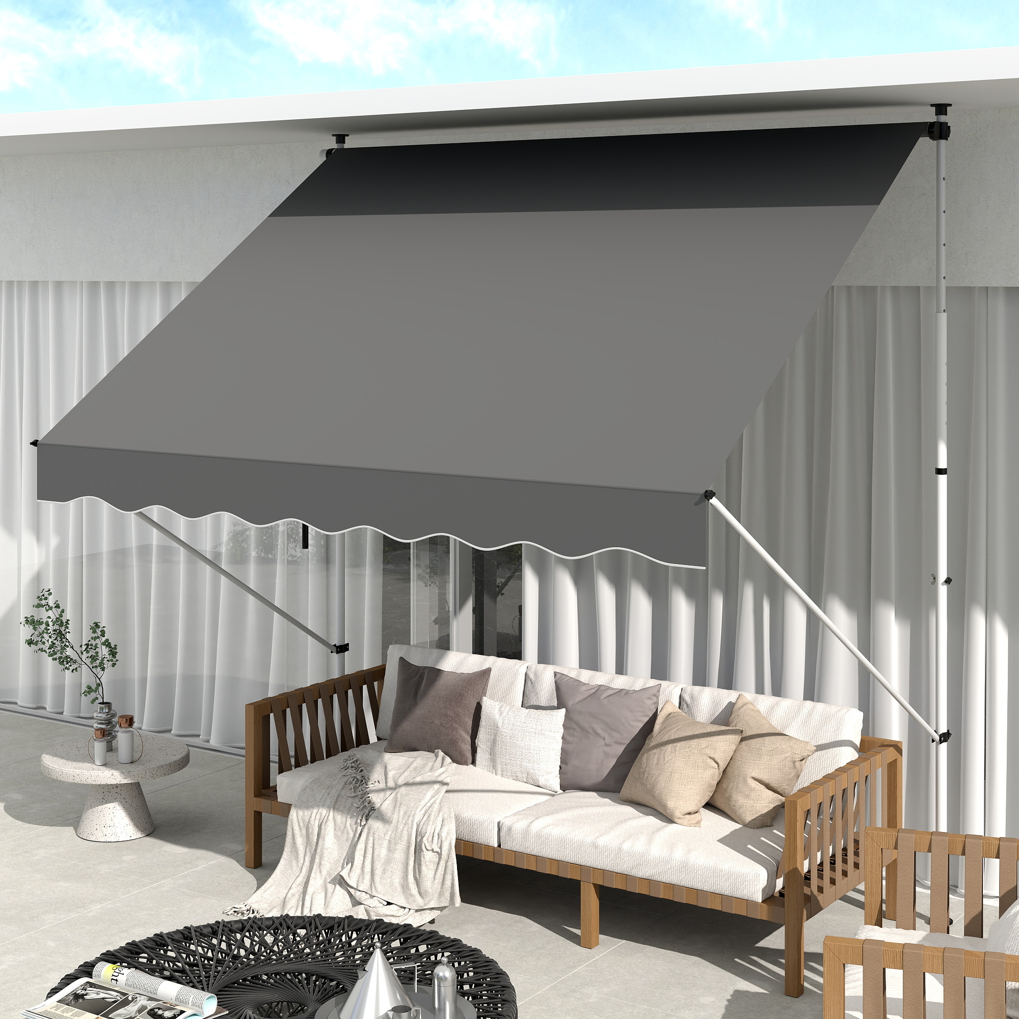 Klemmmarkise mit Handkurbel höhenverstellbar Gelenkarmmarkise schmutzabweisend, witterungsbeständig Balkonmarkise 150cm breit Terrassenmarkise für Terrasse Balkon Veranda Grau