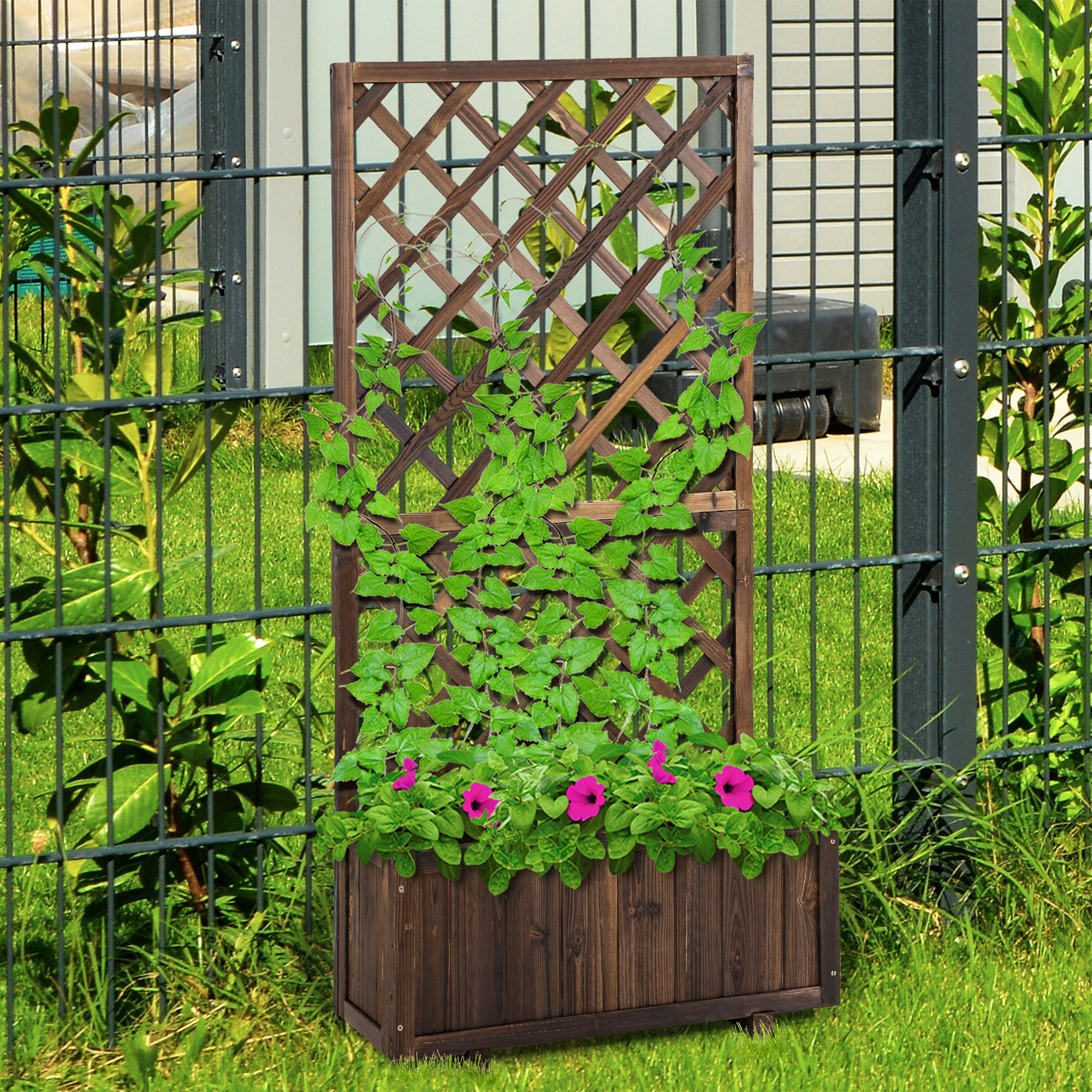 Hochbeet Pflanzenkasten mit Rankgitter, Spalier Pflanzkübel, Blumenkasten Holz, 72,5x31,5x149,5cm für Garten Balkon Terasse, Blumenkübel für Kletterpflanzen, Blumen, Braun
