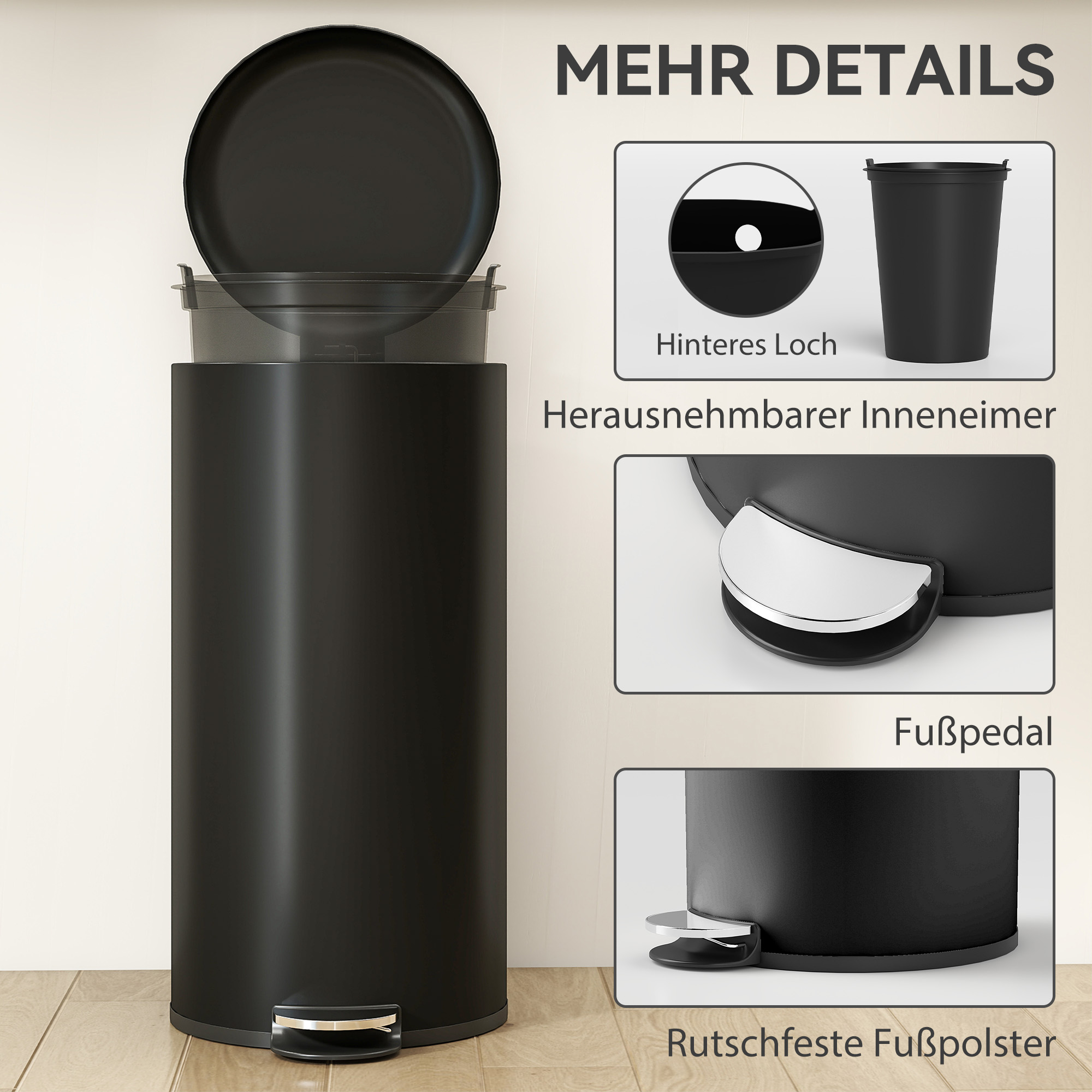Mülleimer 30L Treteimer Abfalleimer mit Deckel Fußpedal Inneneimer, Soft-Close-Funktion 36 x 30 x 63,5 cm, Schwarz