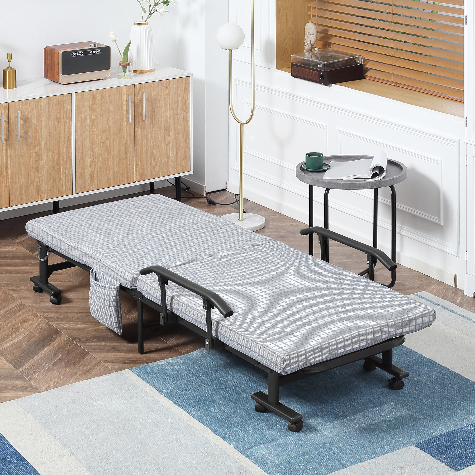 Klappbett, Gästebett, neigbare Rücklehne, Armlehnen, 8 Rollen, Stahlrahmen, hellgrau+schwarz, 190 x 76 x 33cm