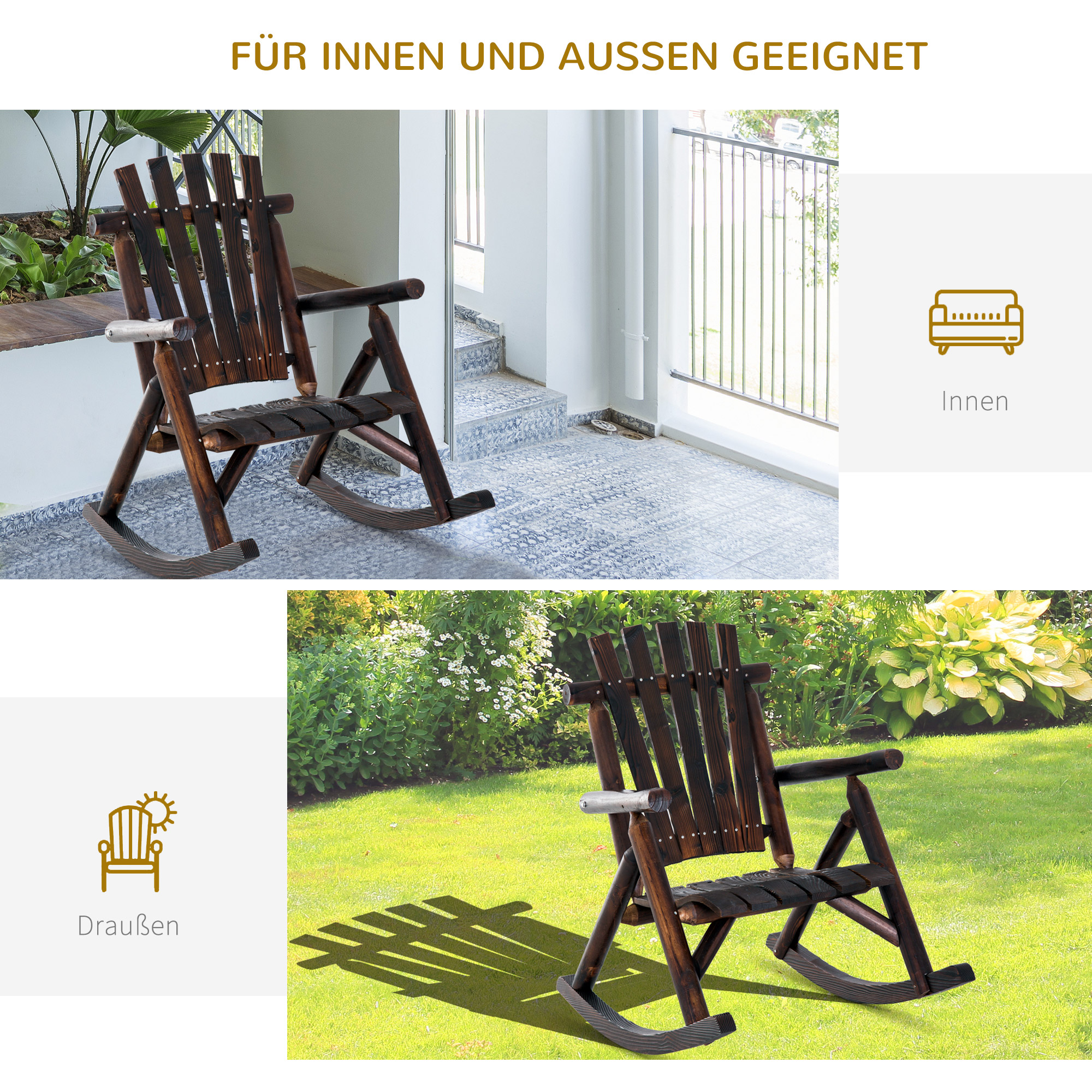 Schaukelstuhl mit Armlehne, Wetterfest, Massivholz Verkohlt, 97 x 69 x 93cm