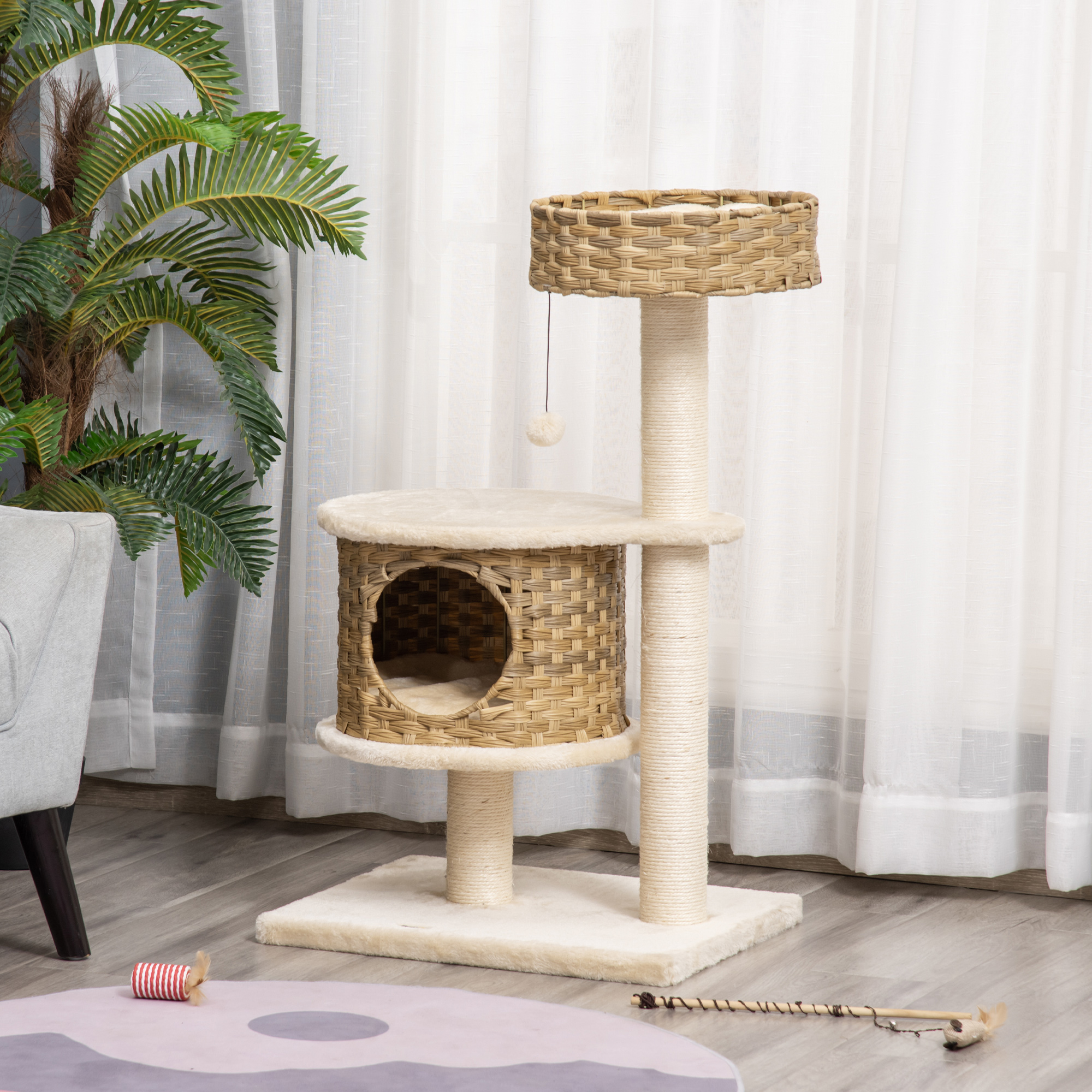 Kratzbaum Rattan 95 cm Höhe 3-Stufiger Katzenbaum mit Platform, Katzenbett, Kletterbaum mit Katzenhöhle Sisalstämmen Spielbälle Katzenmöbel Sisal Natur+Beige