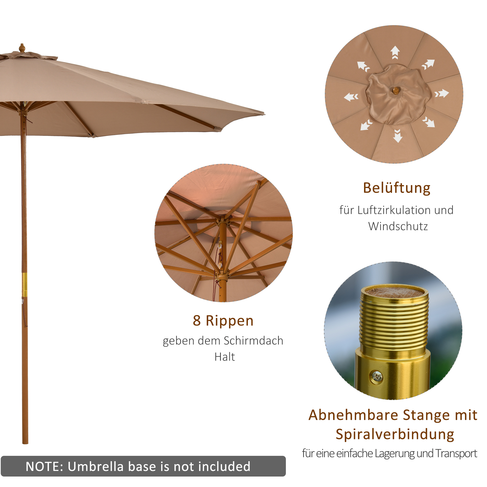 Sonnenschirm Ø 300 cm, Sonnenschirm mit UV Schutz Balkonschirm aus Holz Strandschirm stabil Marktschirm Sonnenschutz für Strand Terrasse Garten, Khaki