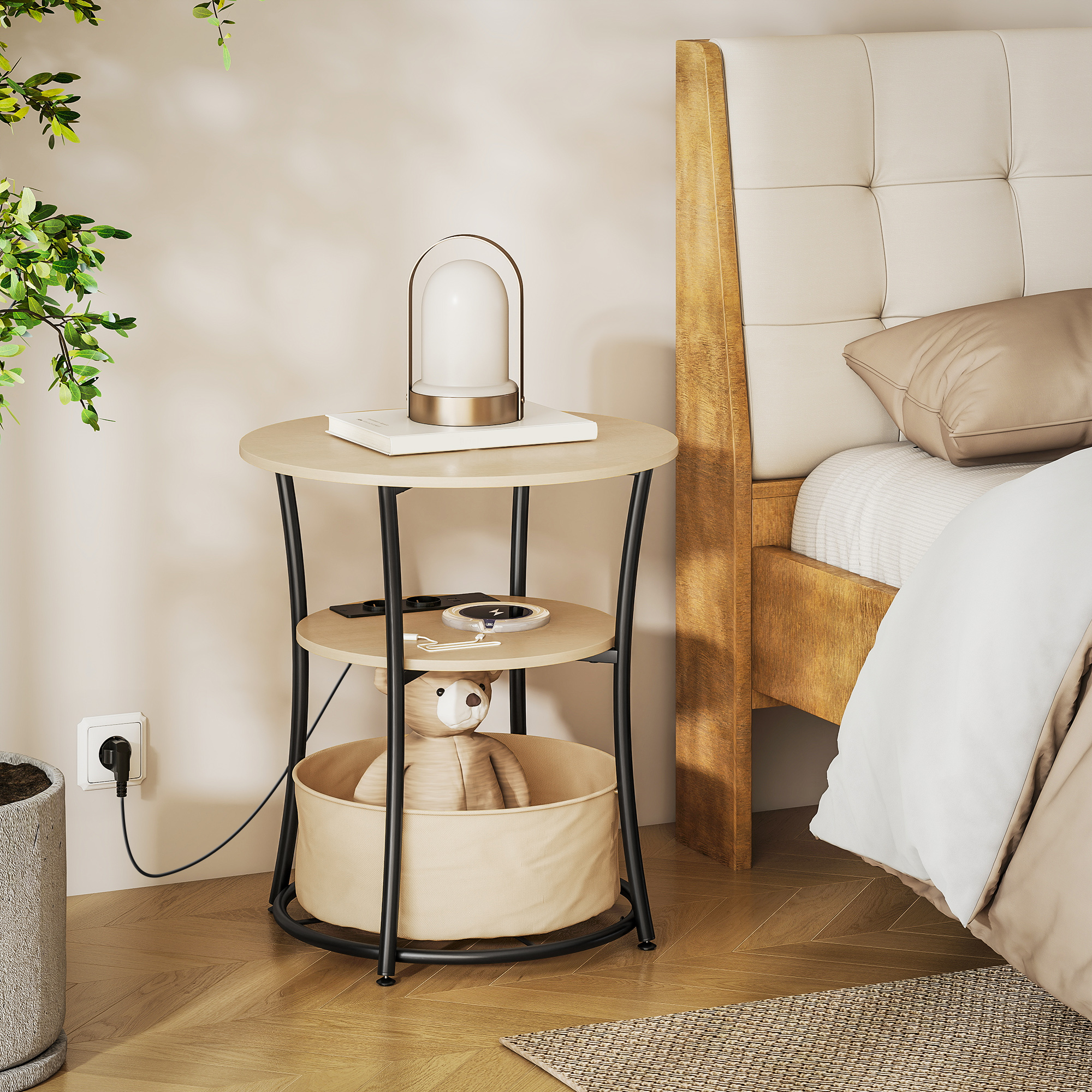Beistelltisch 3-stufiger Couchtisch mit Ladestation, Stoff-Aufbewahrungstasche, Ablage, 50x50x55,1 cm Naturholz