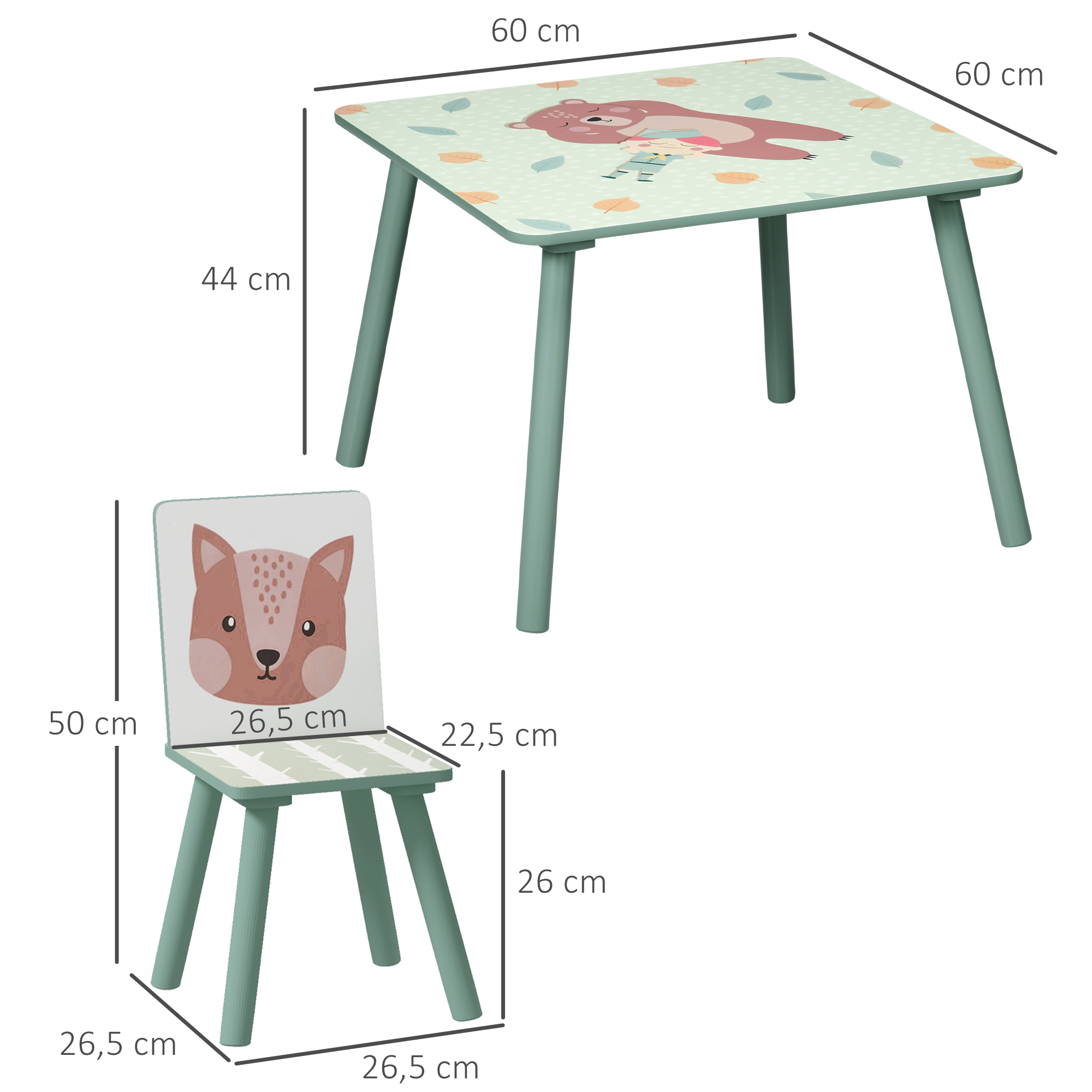 Sitzgruppe für Kinder 3-8 Jahre, 1 Tisch & 2 Stühle, niedliches Tiermotiv, Grün
