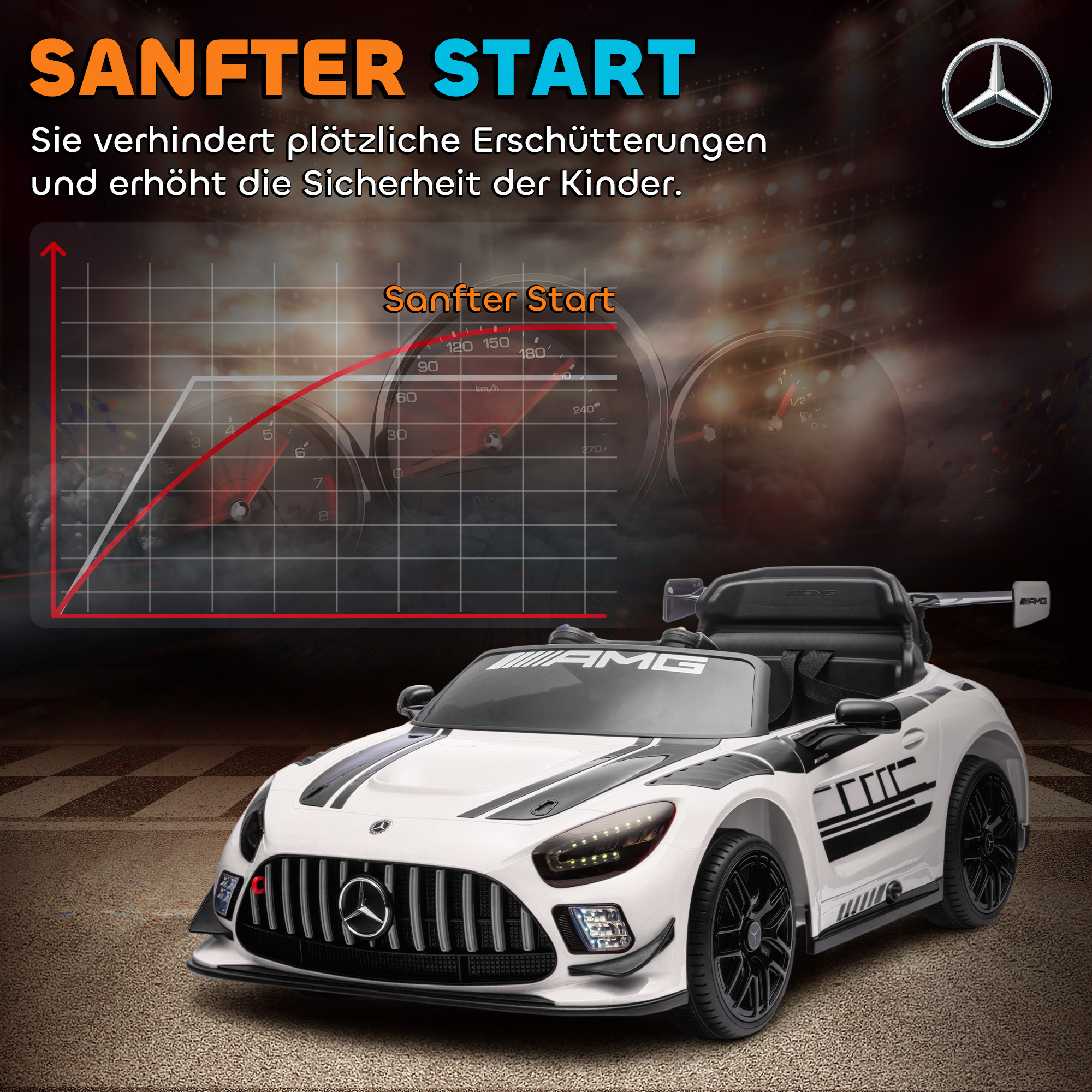 Mercedes-Elektroauto, Aufsitzauto für Kinder, 12V Batterie, LED-Lichter, Musikfunktion, Hupe, 3-8 Jahre, Weiß