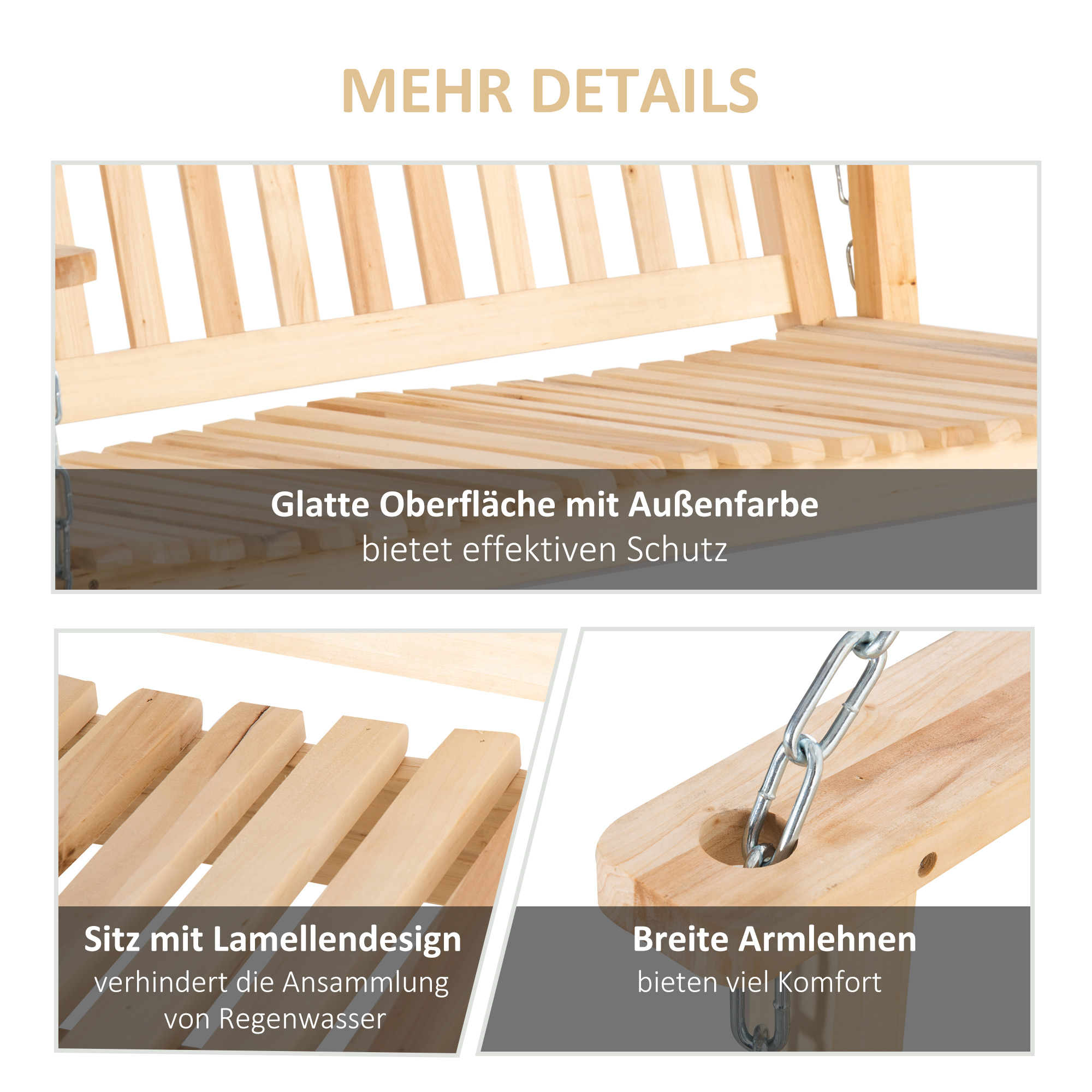 Gartenschaukel für 2 Personen Schaukelbank Hängebank Massivholz Patio Terrasse Hinterhof Natur 117 x 69 x 60 cm