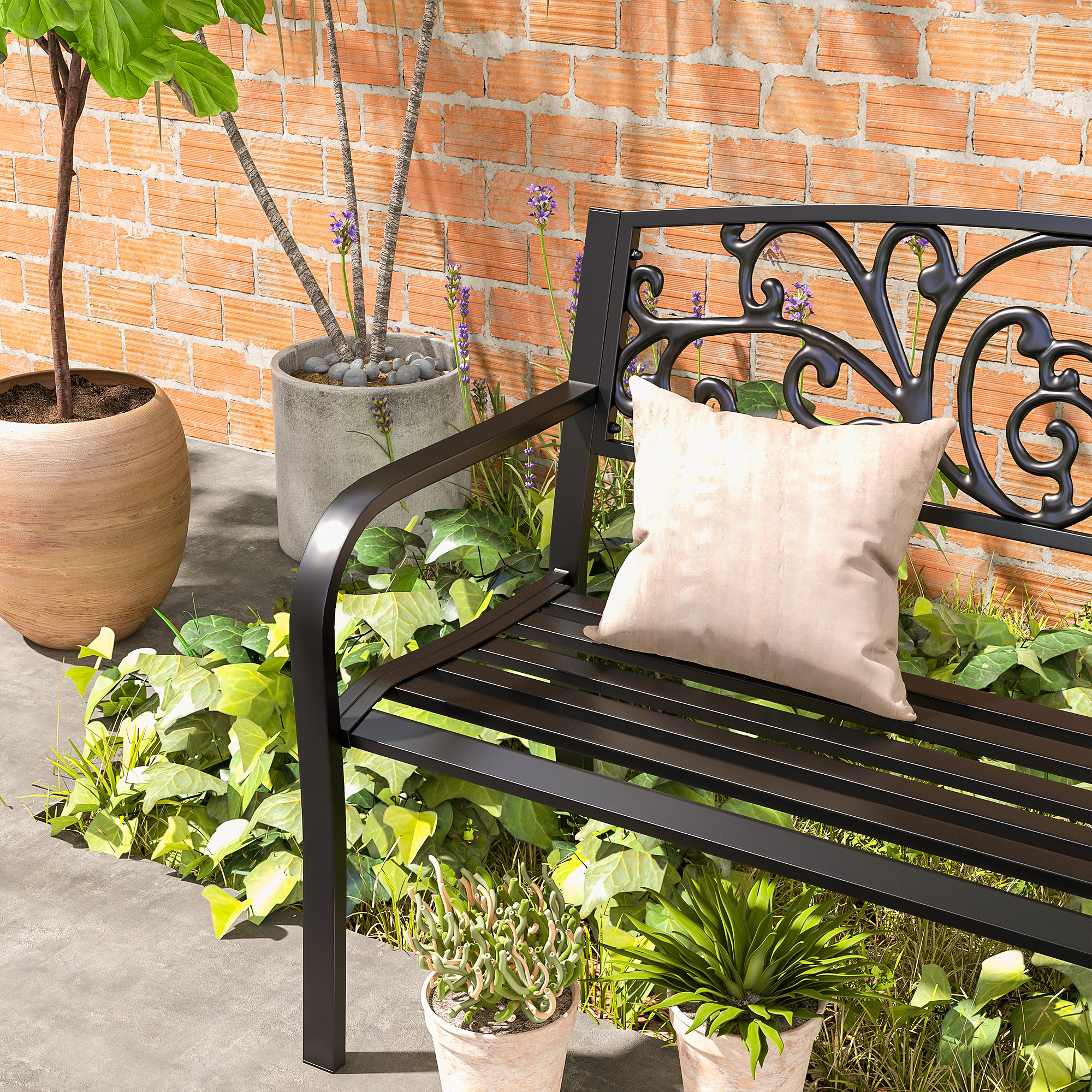 Metallgartenbank, Blumendesign, 2-Sitzer, 240 kg Tragkraft, Stahl, 127L x 60B x 87H cm, Schwarz