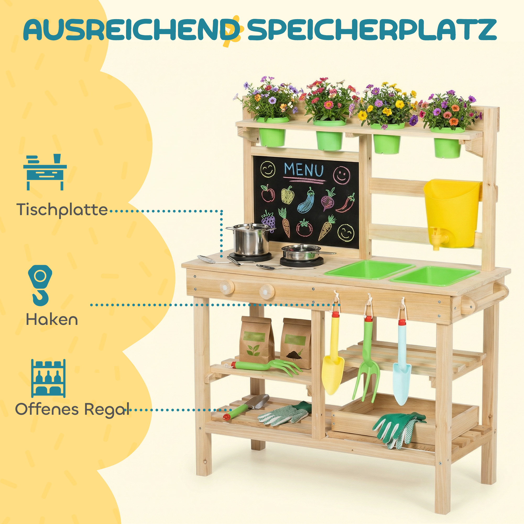 Matschküche Kinder Outdoor, Spielküche aus Holz mit Spüle Herd Pflanztöpfen Tafel für 3-6 Jahre 77x32x95 cm Naturholz