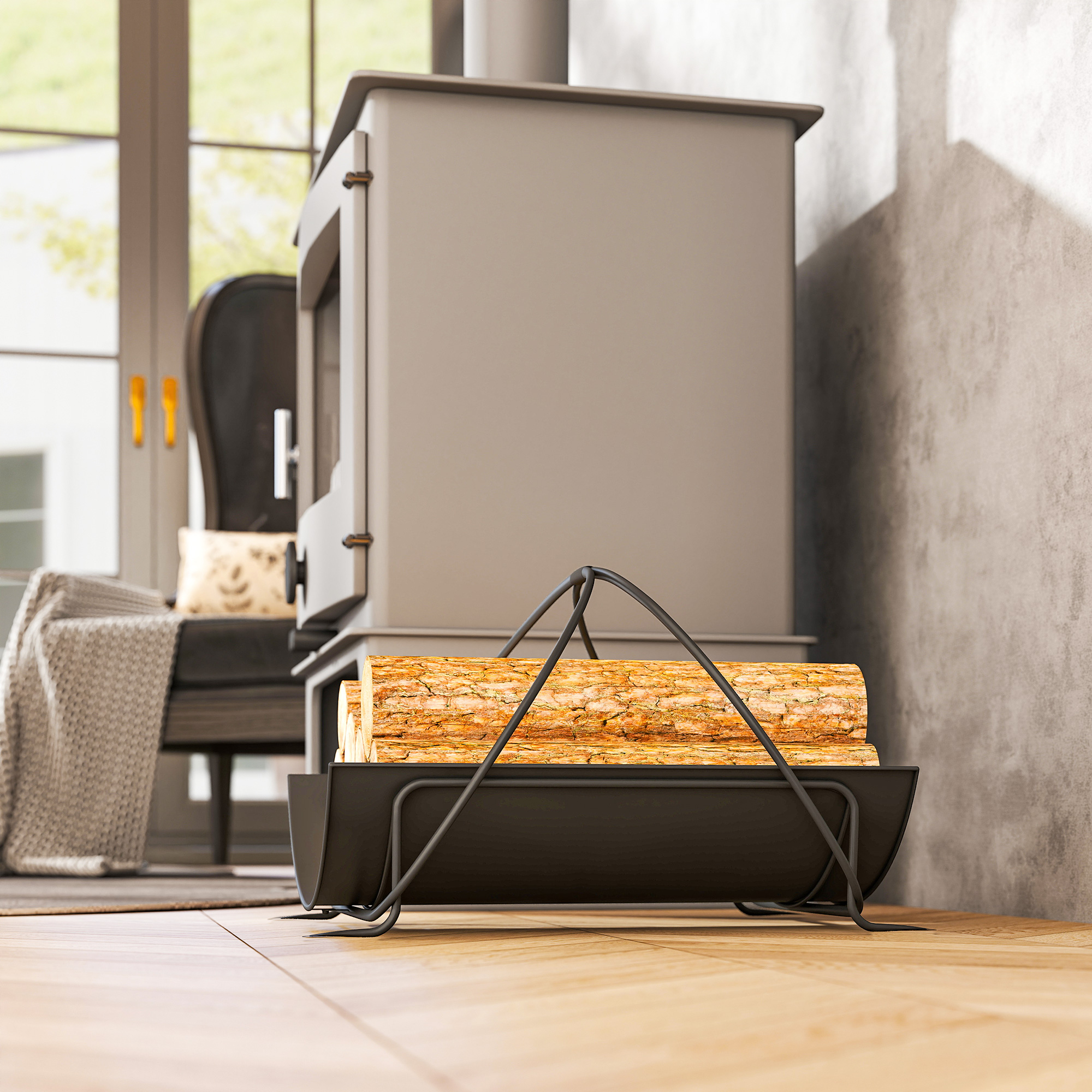 Kaminholzregal für innen 51 x 38 x 33cm geometrische Brennholzregal mit Griff aus Metall, Schwarz
