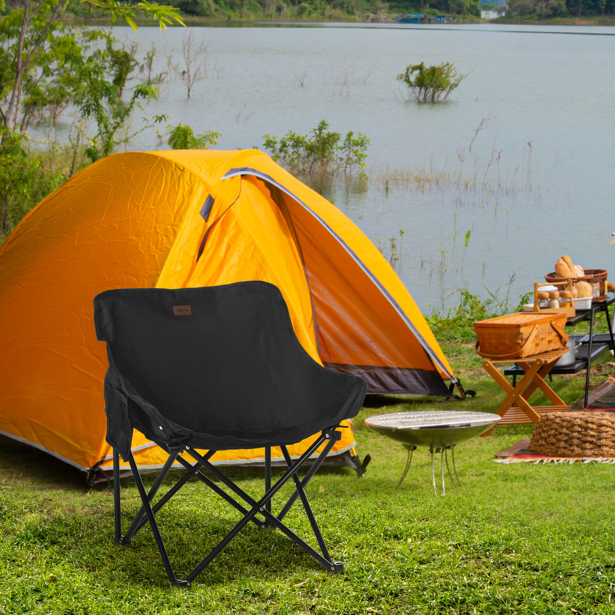 Campingstuhl, faltbar, Stahlrahmen, Stoffsitz, Tragetasche, Schwarz