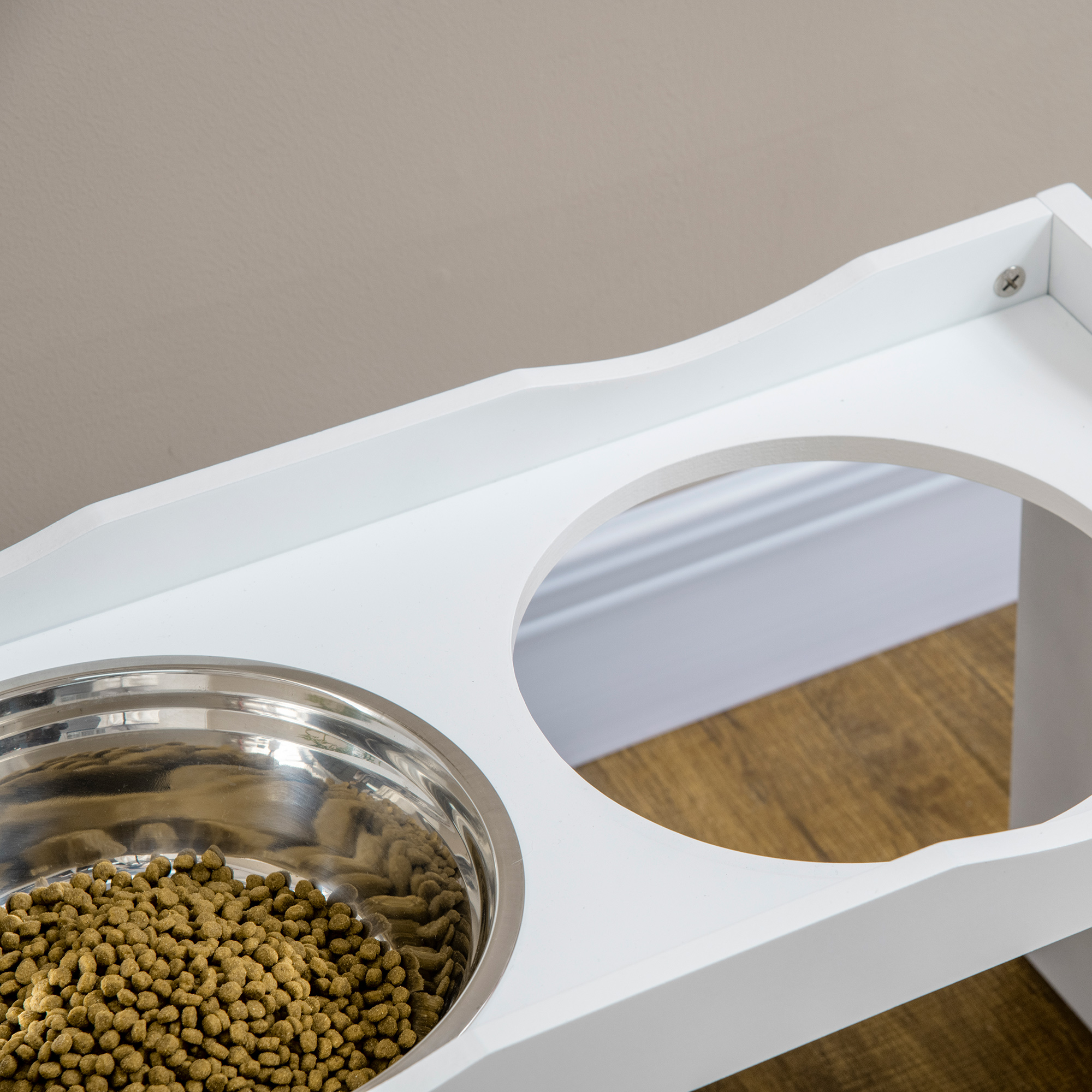 Futterstation, Napfständer, 2 Fressnäpfe je 2 Liter, Edelstahl, für große Hunde, weiß, 63 x 30 x 24cm