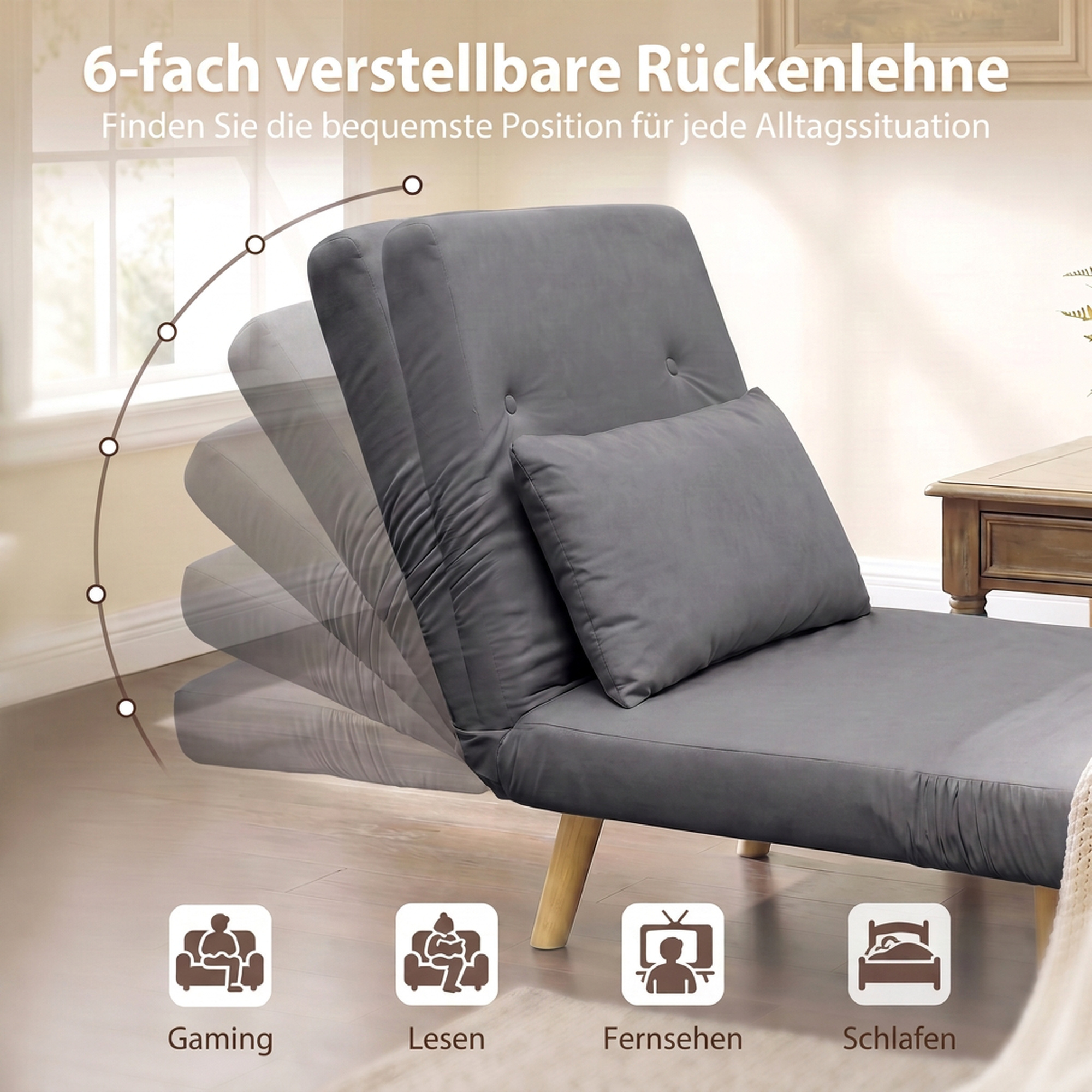 3-in-1 Schlafsessel, Klappsessel mit Schlaffunktion, verstellbare Click-Clack-Rückenlehne, Grau
