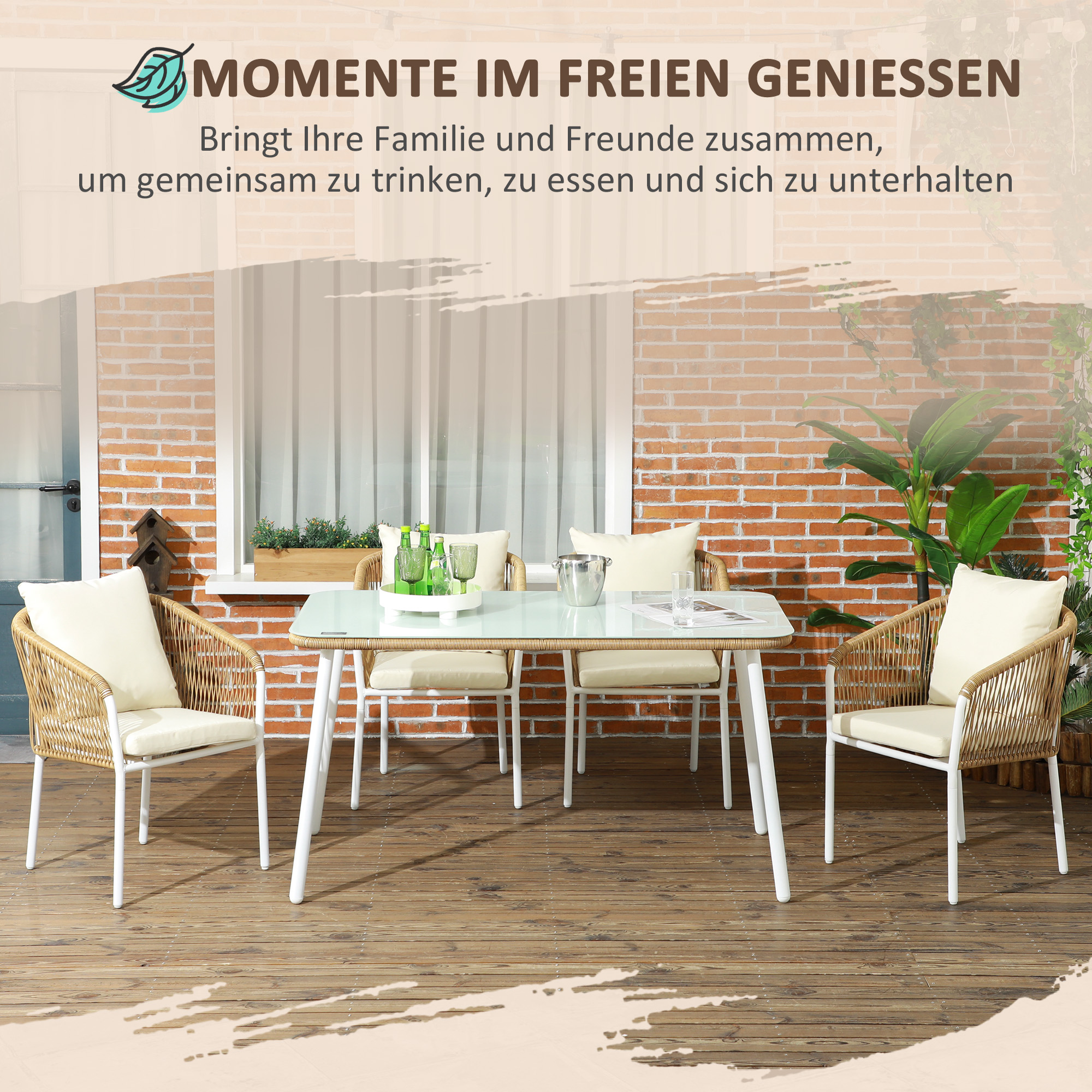 Gartengarnitur, 5-teilig, Rattanoptik, Sitz- & Rückenkissen, rostfreier Alu-Rahmen, Gelb/Weiß/Beige