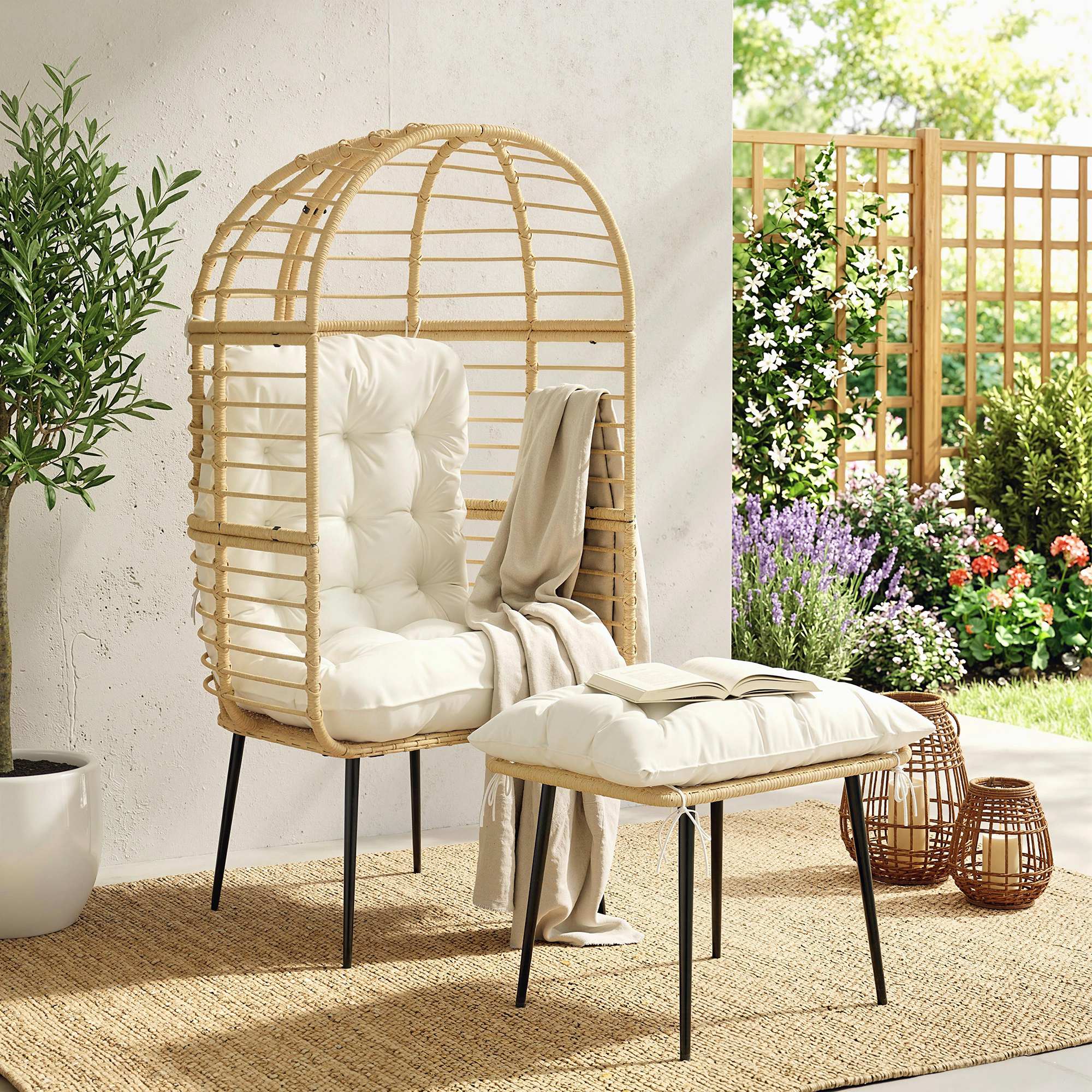 Gartensessel mit Hocker PE Rattan Ei-Form Korbsessel mit langen & dicken Kissen Metallrahmen Beige