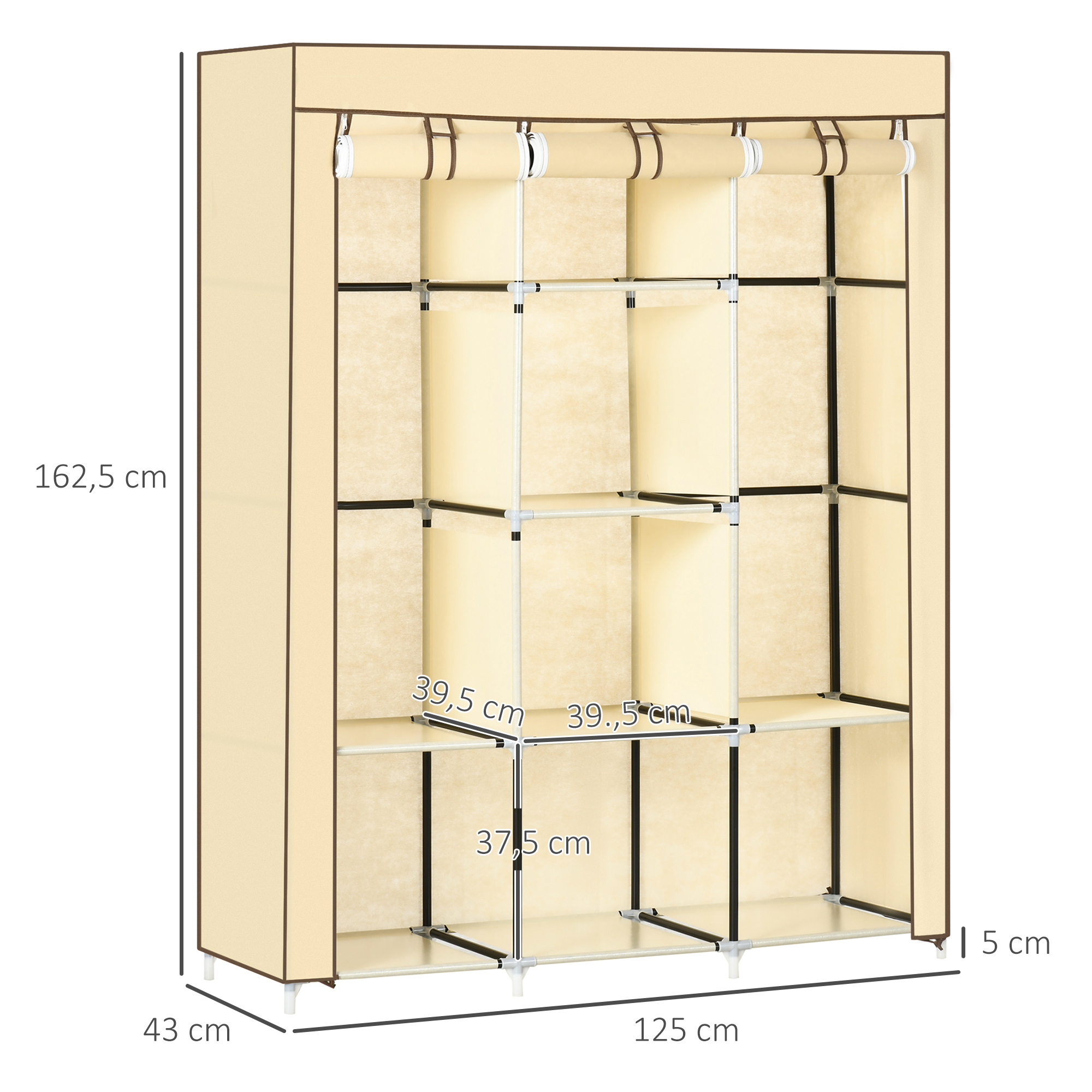 Schrank aus Stoff, Aufbewahrungslösung, 8 Regale, 2 Kleiderstangen, Beige