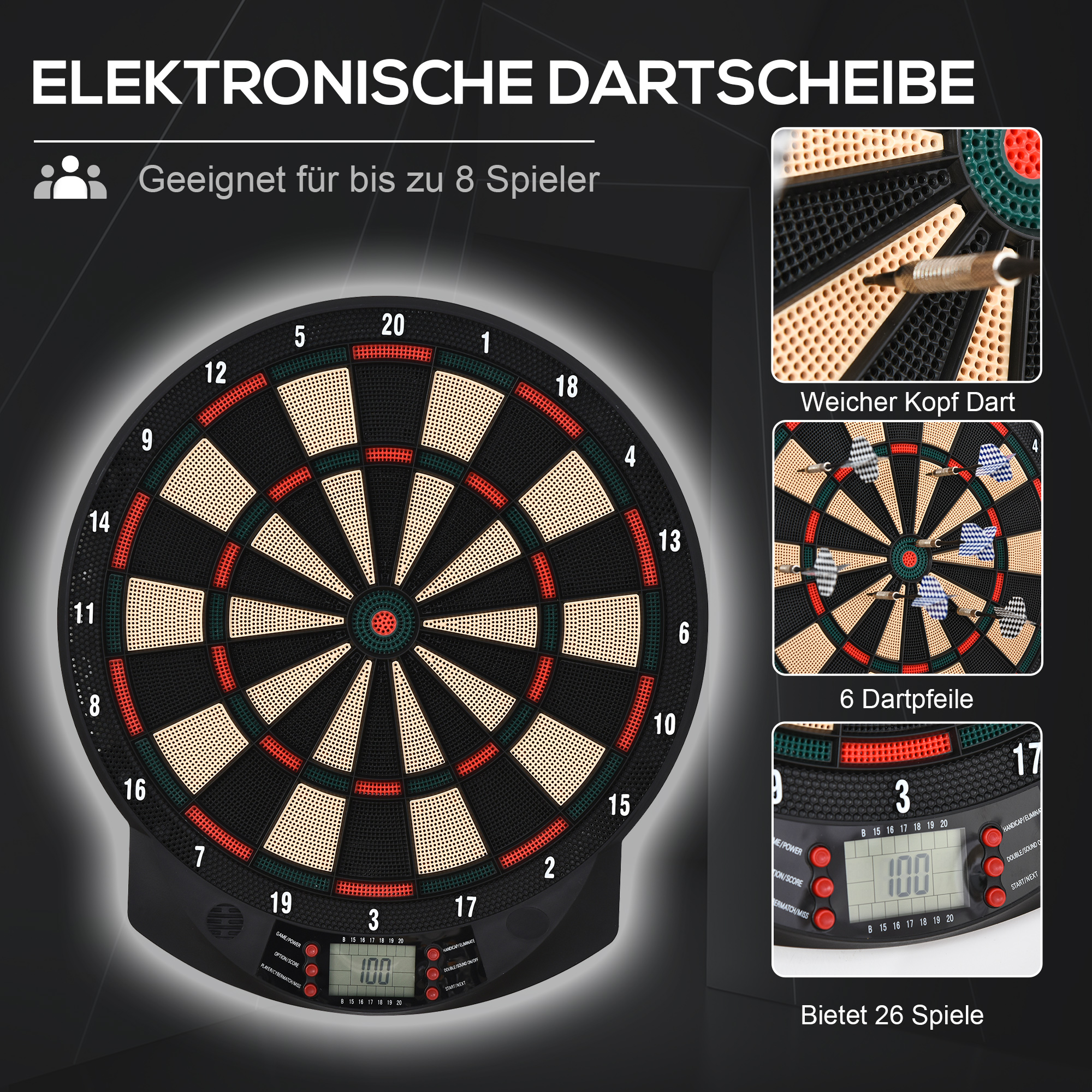 elektronische Dartscheibe, automatische Wertung Dartboard Dart-set mit 6 Darts 30 Dartköpfe 26 Spiele und 185 Trefferoptionen für 8 Spieler Soundeffekte Schwarz 44 x 39,5 x 2,2 cm