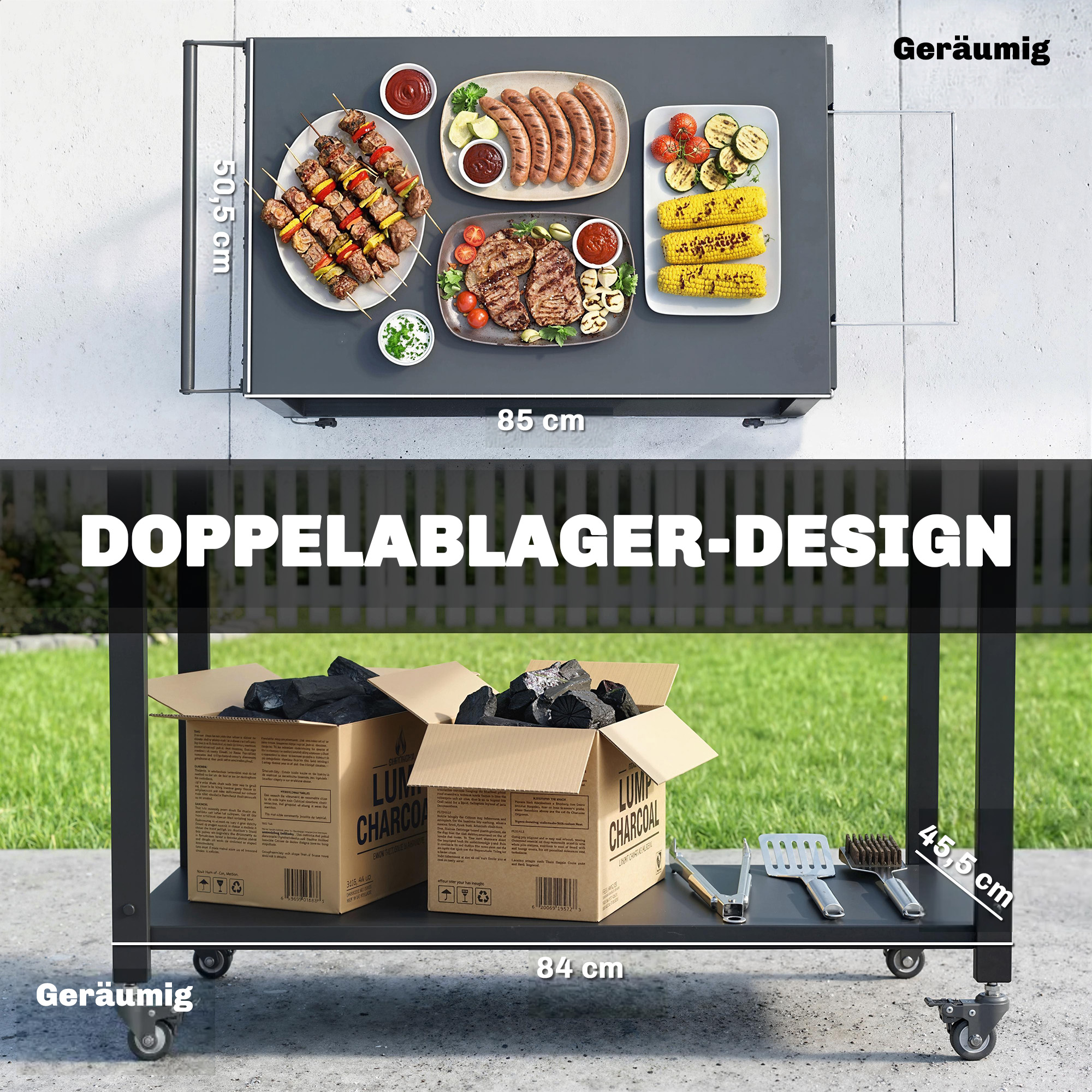 Küchenwagen mit Rollen, 2-stöckiger Servierwagen mit Müllbeutelhalter, Haken, Griffe, 113 x 50,5 x 88 cm Schwarz