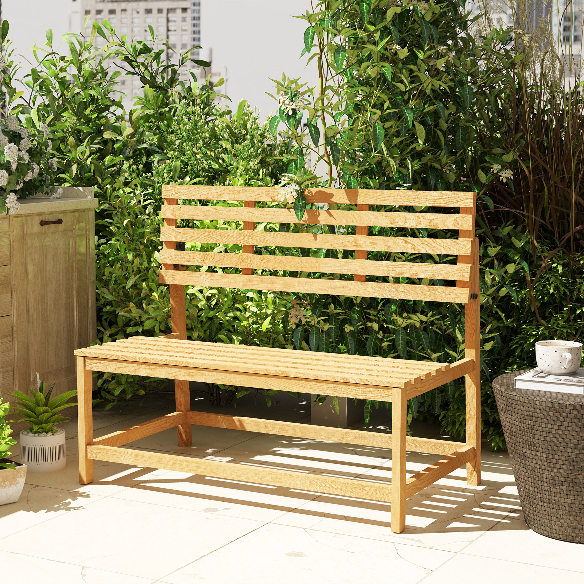 2-Sitzer Gartenbank Holz, wetterfest Sitzbank, UV-Beständig Gartenmöbel mit Umwandelbare Rückenlehnen 110x61x89cm, Teak