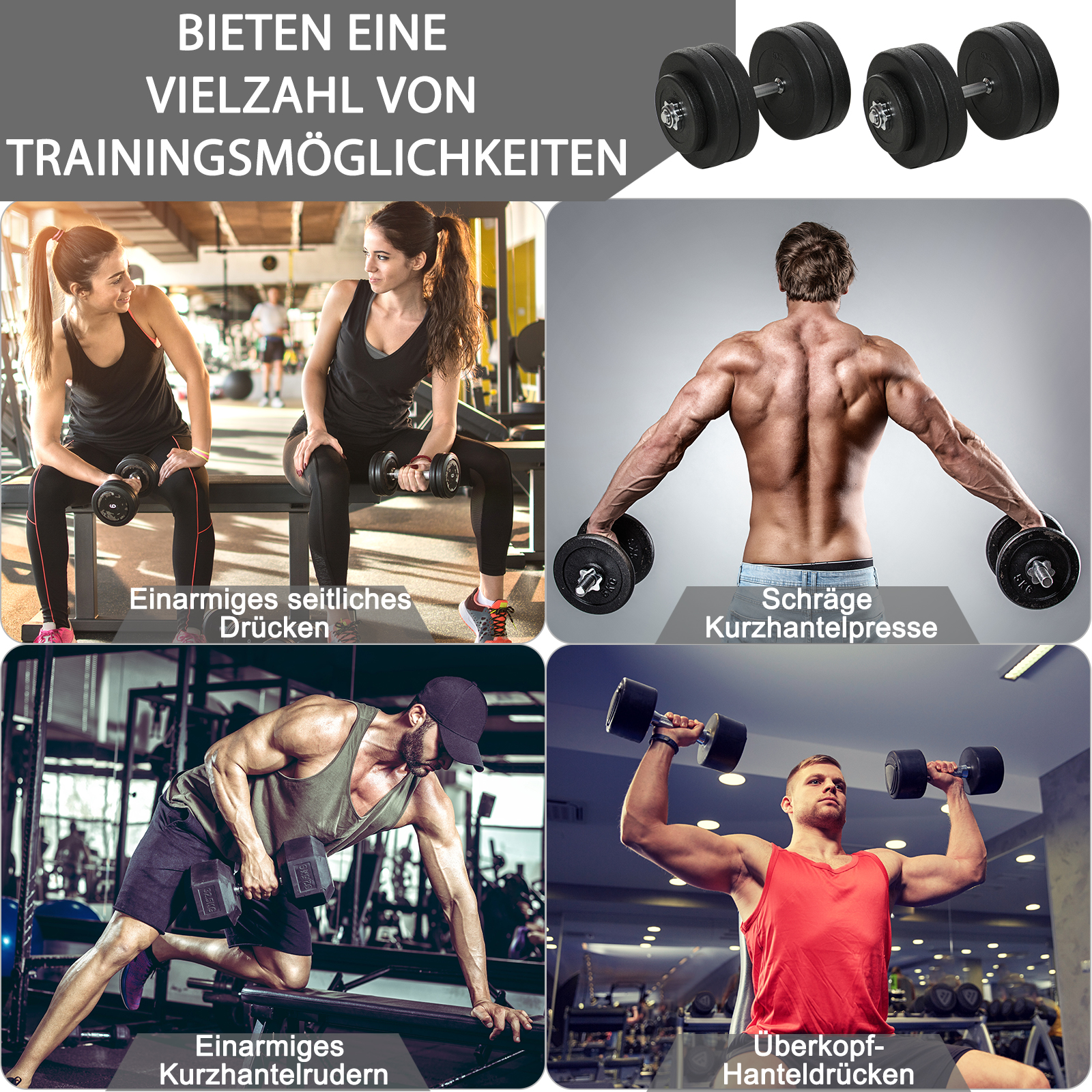 Kurzhantel-Set 8 x 5 kg, 4 x 1,5 Hantelscheiben mit Kunststoffhülle, bodenschonend, Schwarz
