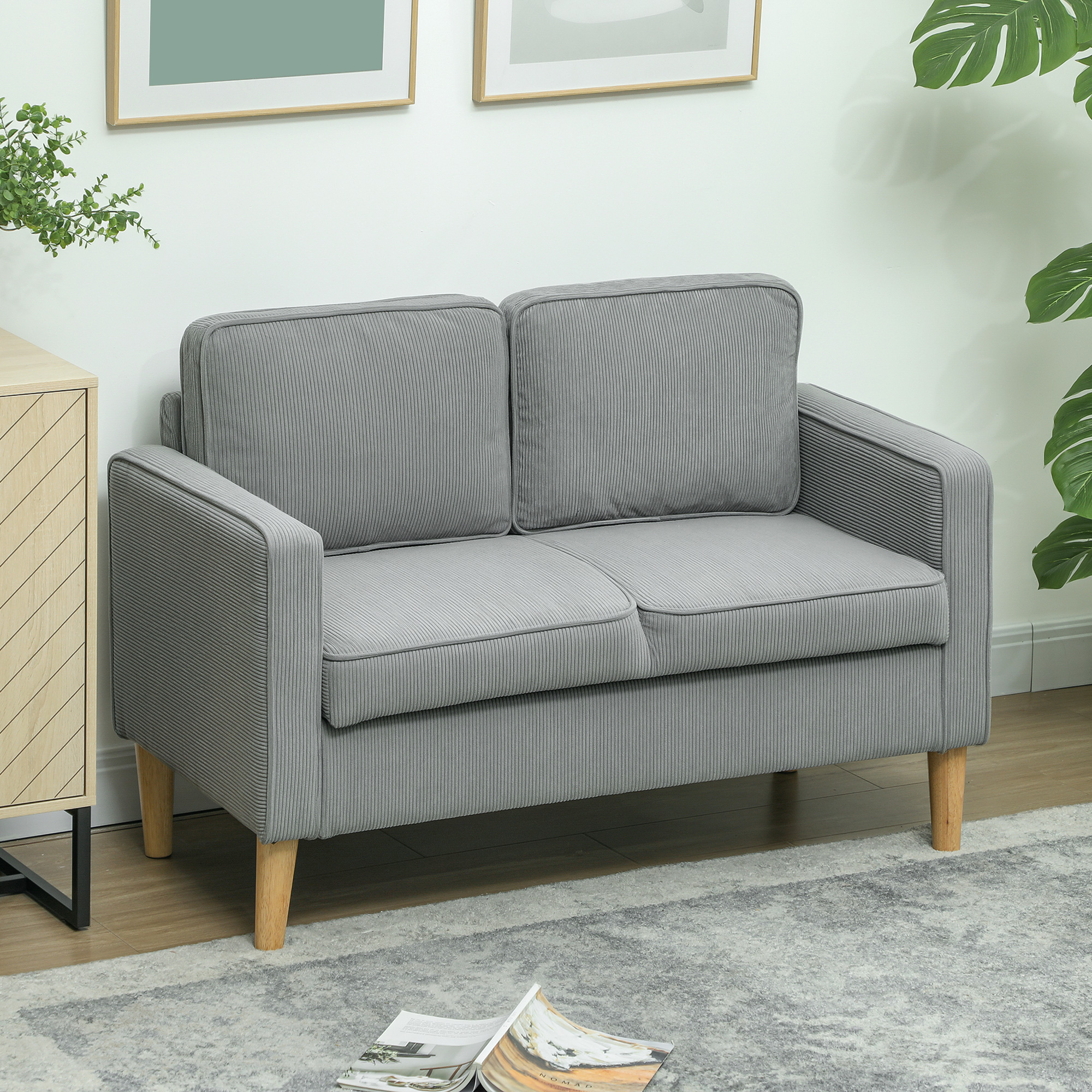 Zweisitzer-Sofa mit Stauraum und soliden Holzbeinen, für Wohnzimmer, Schlafzimmer, 117 x 63 x 79 cm, Hellgrau