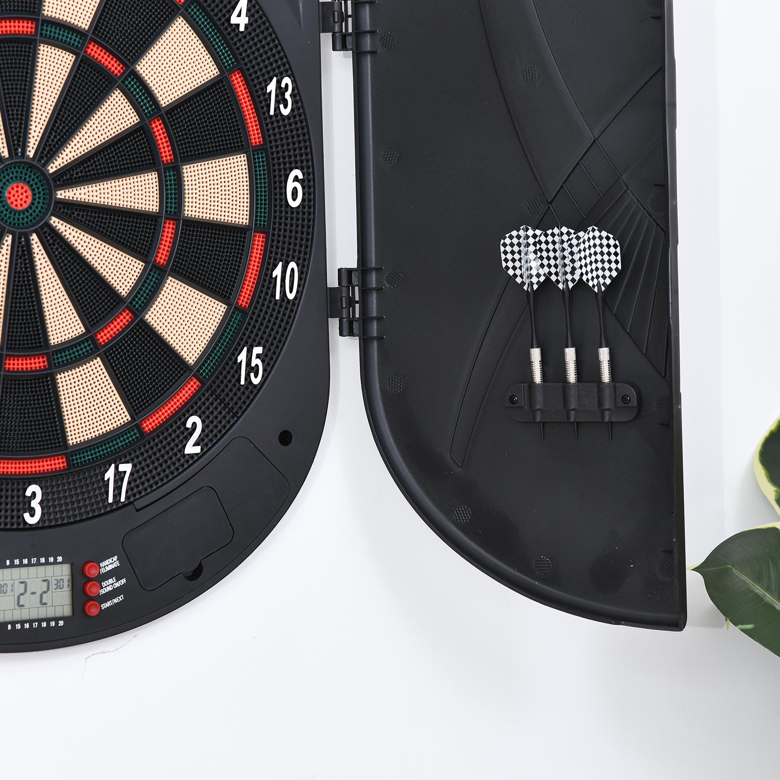 elektronische Dartscheibe Dartboard mit Sprachansagen Englische Stimme LED-Anzeigen 6 Darts 26 Spiele 185 Varianten Dartautomat mit Tür Dartscheibe Set für bis zu 8 Spieler