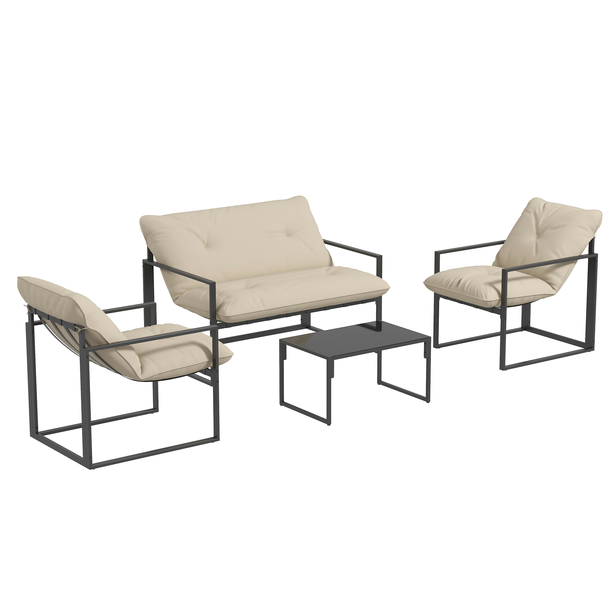 Gartenmöbel-Set, 1 Glastisch, 2 Sessel. 1 Sofa, wetterbeständig,114 cm x 70 cm x 67 cm, Grau+Beige