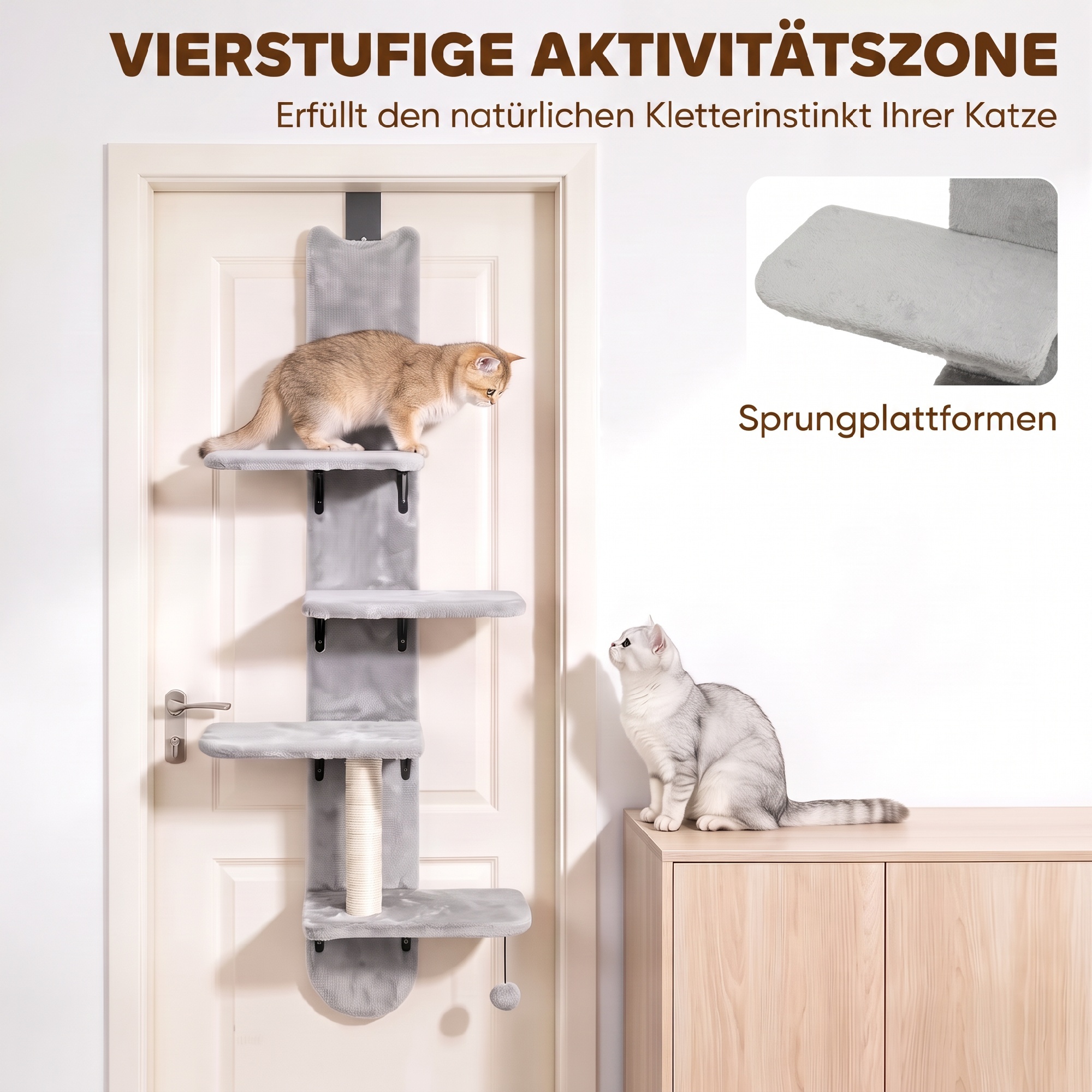 Katzenkletterwand für die Tür Wandkratzbaum mit Sisal-Kratzstamm in Hellgrau