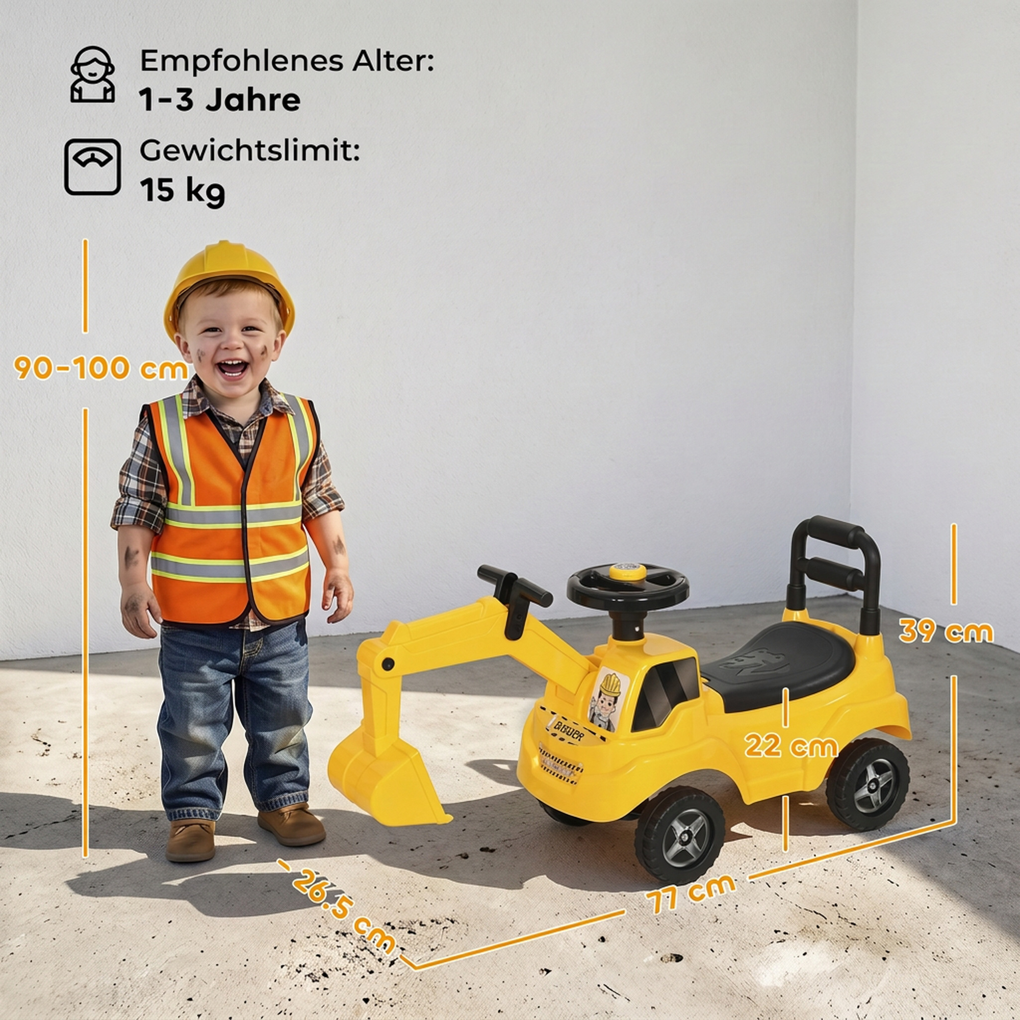 Sitzbagger Kinder Aufsitzbagger mit Schaufel Lenkrad Kinderbagger mit Hupe, Stauraum unter dem Sitz für 1-3 Jahre
