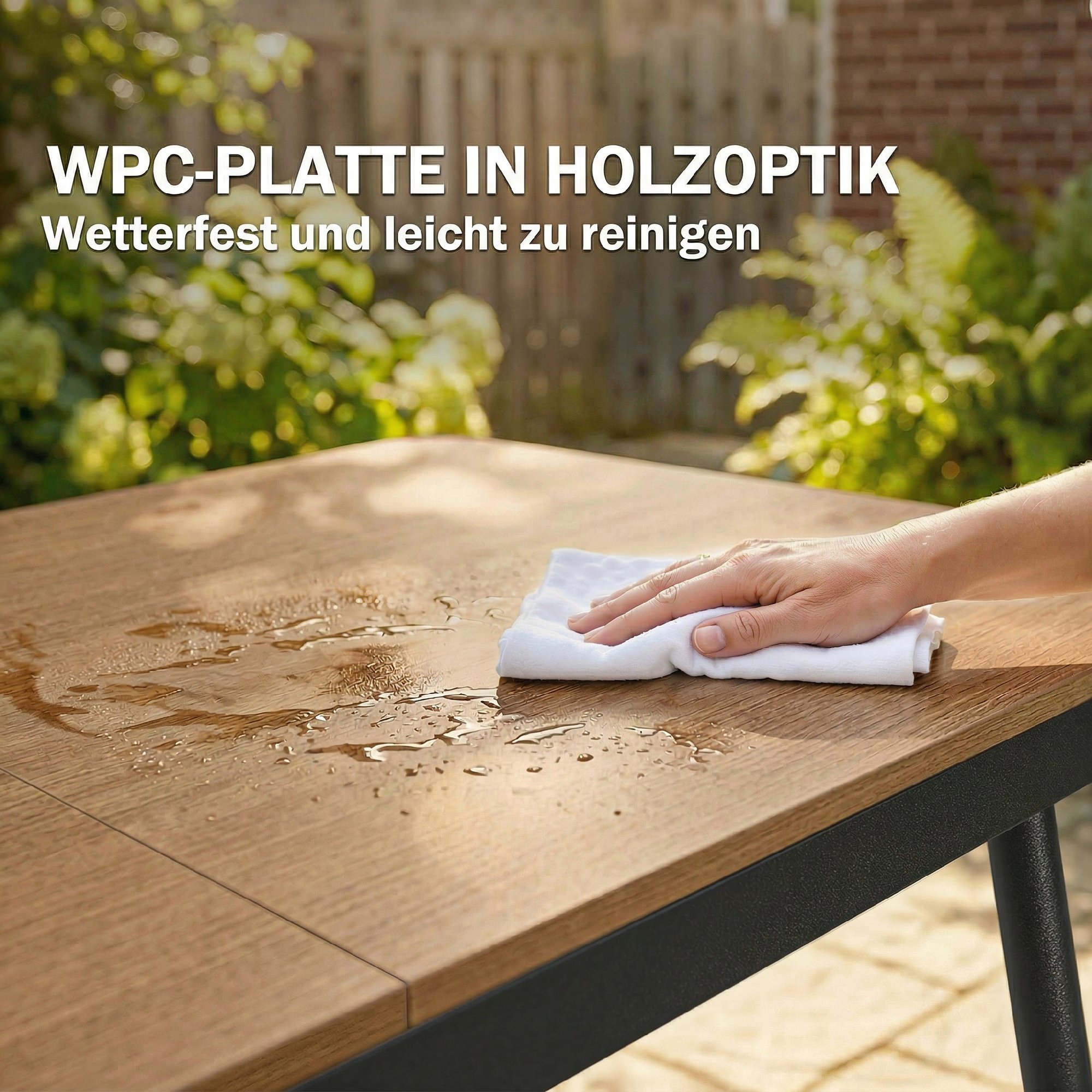 Gartentisch 140 x 80 cm für 6 Personen rostbeständig Outdoor Esstisch mit WPC-Tischplatte Verstellbare Füße, Teak