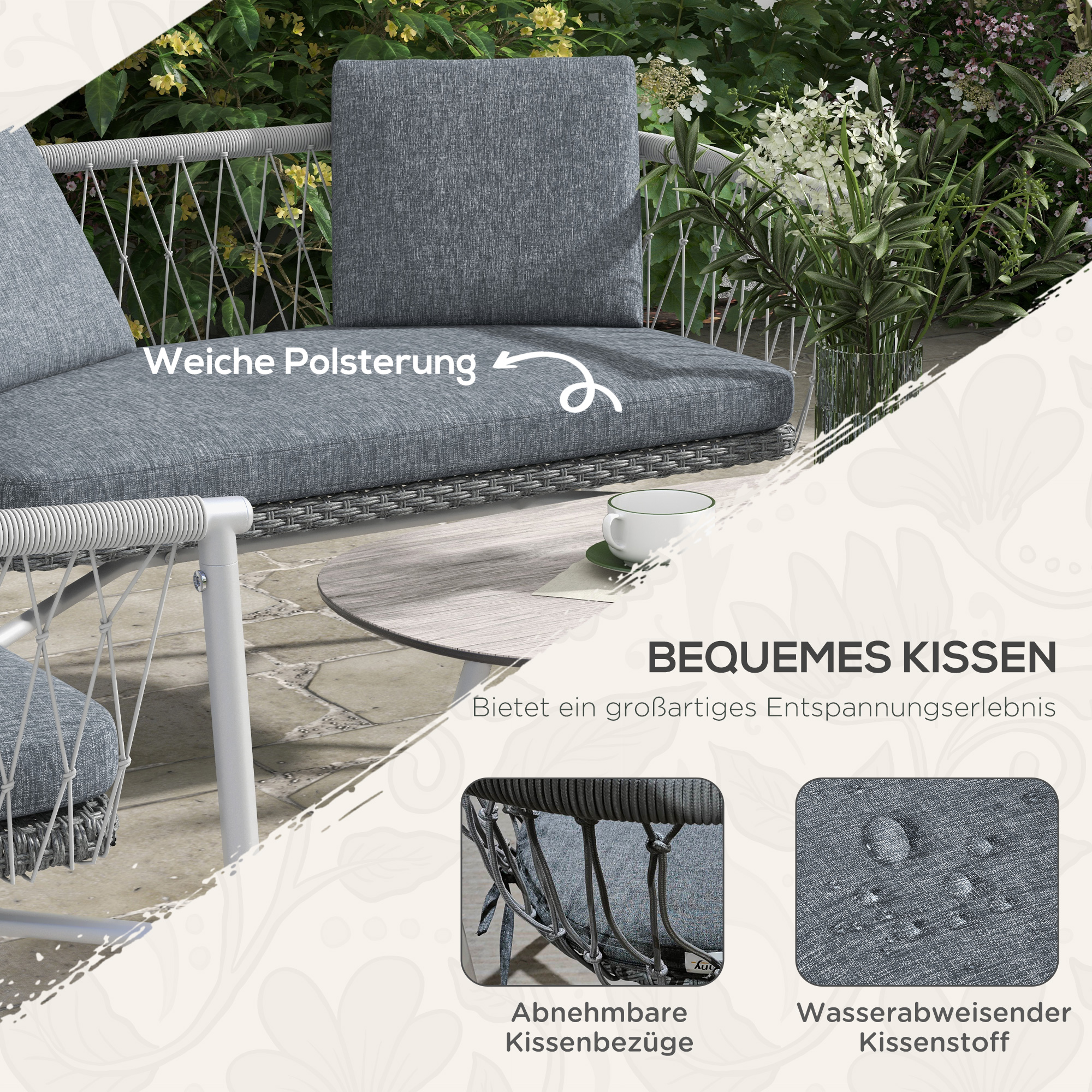 Gartengarnitur, 4-teilig, Schaukelfunktion, Sitzauflagen, Polyrattan, Metallgestell, Grau