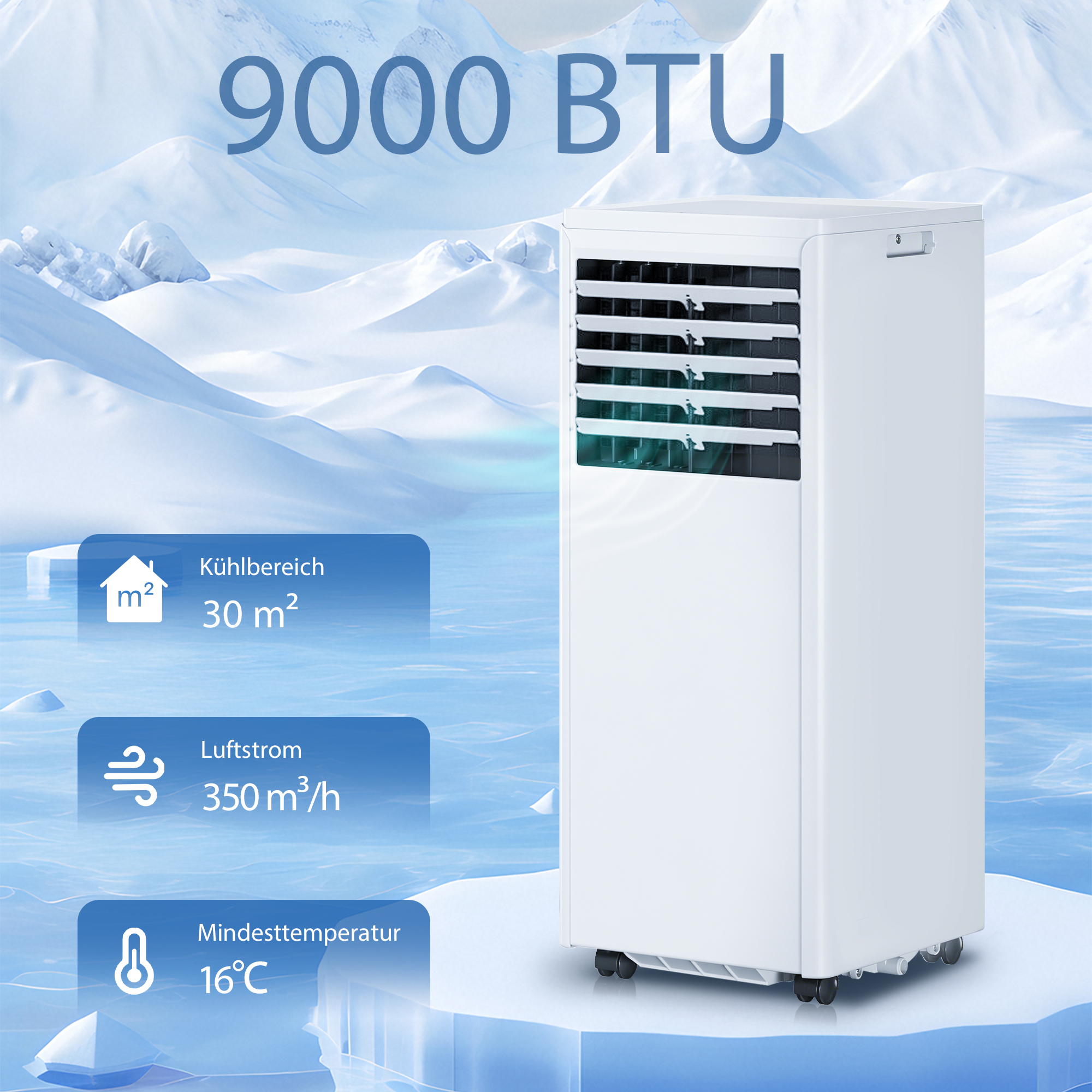 tragbares Klimagerät 9000 BTU, 4-in-1 mit Kühlung, Entfeuchter, Ventilator, Schlafmodus
