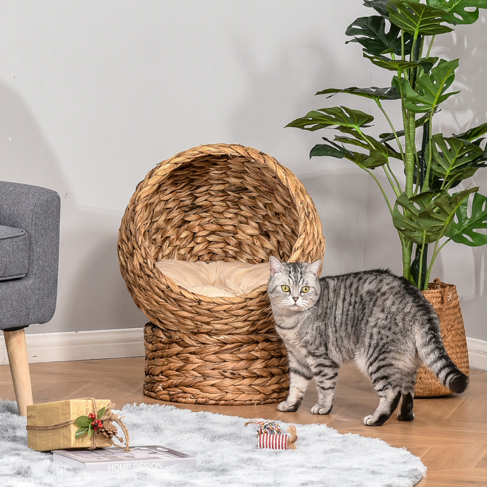Rattan Katzenkorb Katzenhöhle Katzenhütte Katzenbett mit Kissen Haustierbett Wasserhyazinthe Braun 50 x 42 x 60 cm