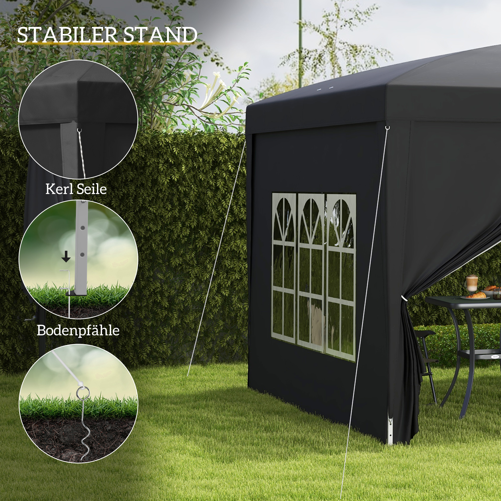3 x 3 m Pavillon mit 4 Seitenwänden, Fenster, Festzelt mit UV-Schutz, Gartenzelt inkl, Tragetasche, Stahl, Schwarz