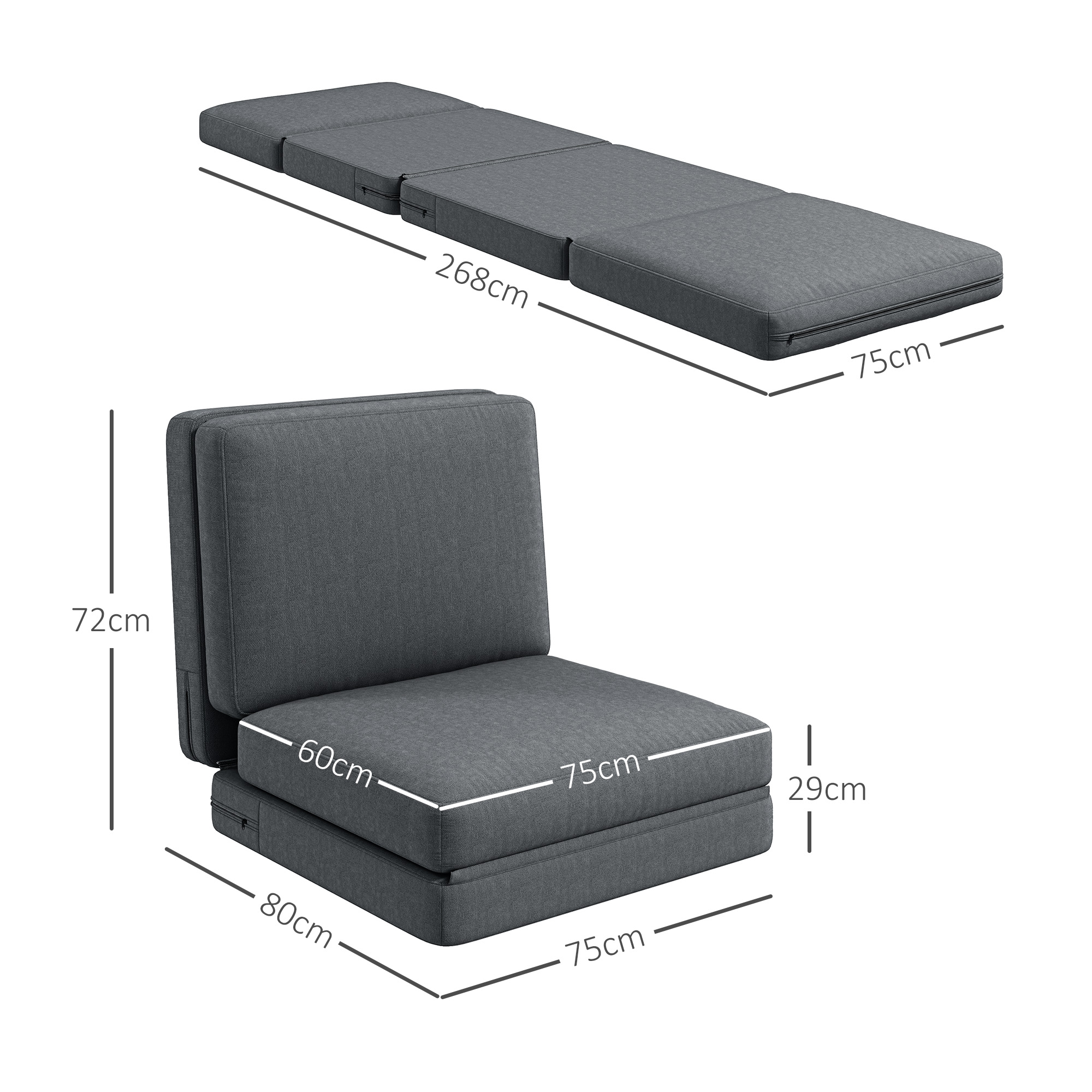 Faltbarer Bodensessel mit Kissen, wandelbares Polstersofa, Wohnzimmer, Gästezimmer, Büro, 75 x 268 x 18 cm, Dunkelgrau
