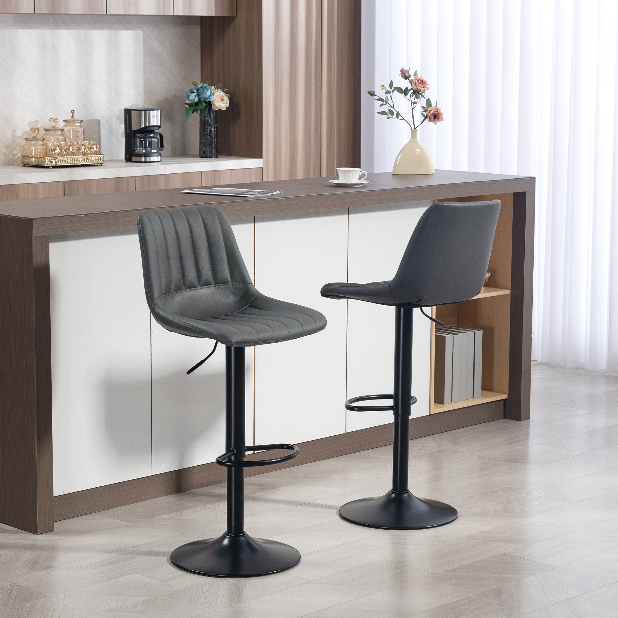 Barhocker 2er-Set im Retrodesign, mit Fußstütze, höhenverstellbar, 43 cm x49,5 cm x 111 cm