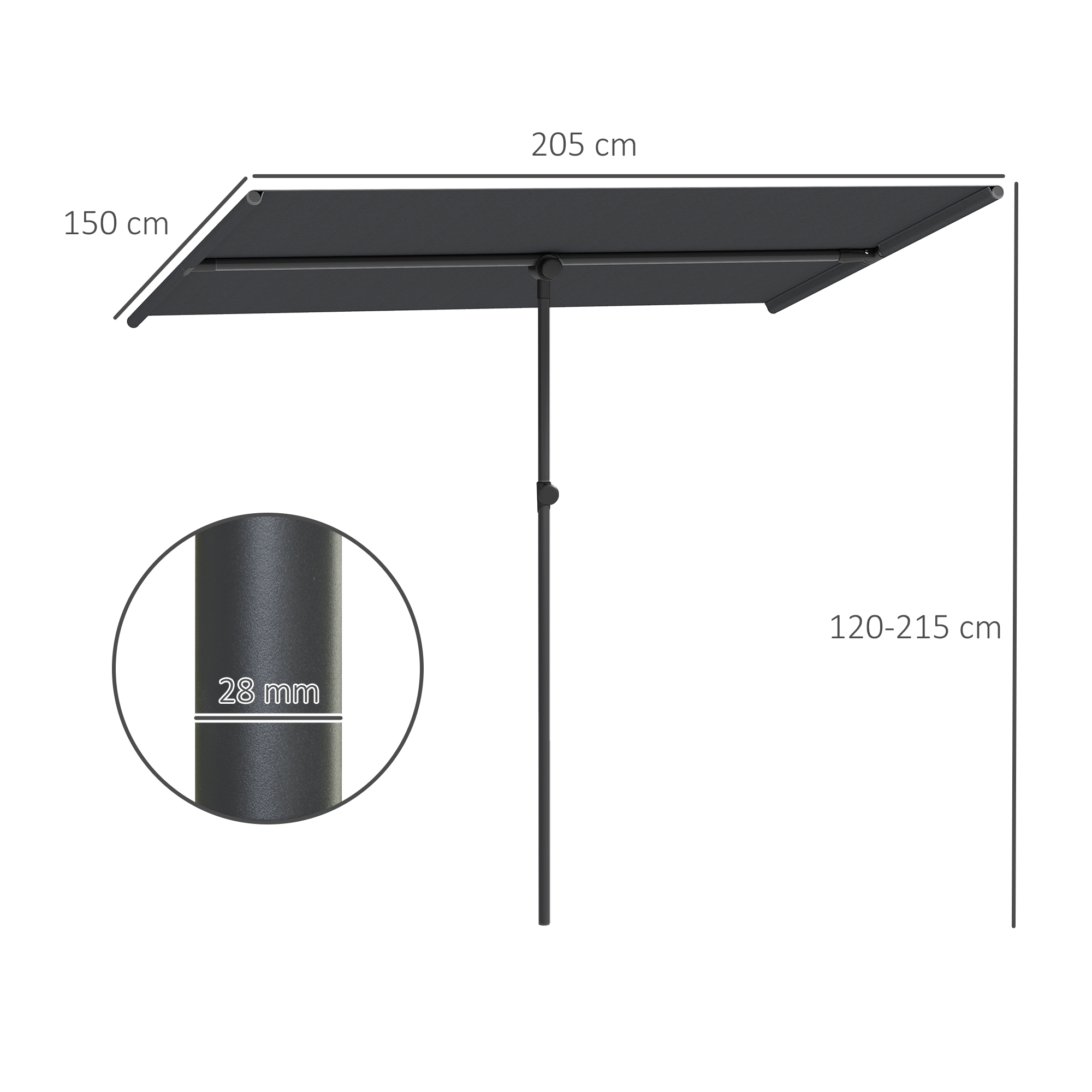 Sonnenschirm 180 Grad drehbar Höhenverstellbar Gartenschirm mit Aluminium-Mast 150x205cm Dunkelgrau