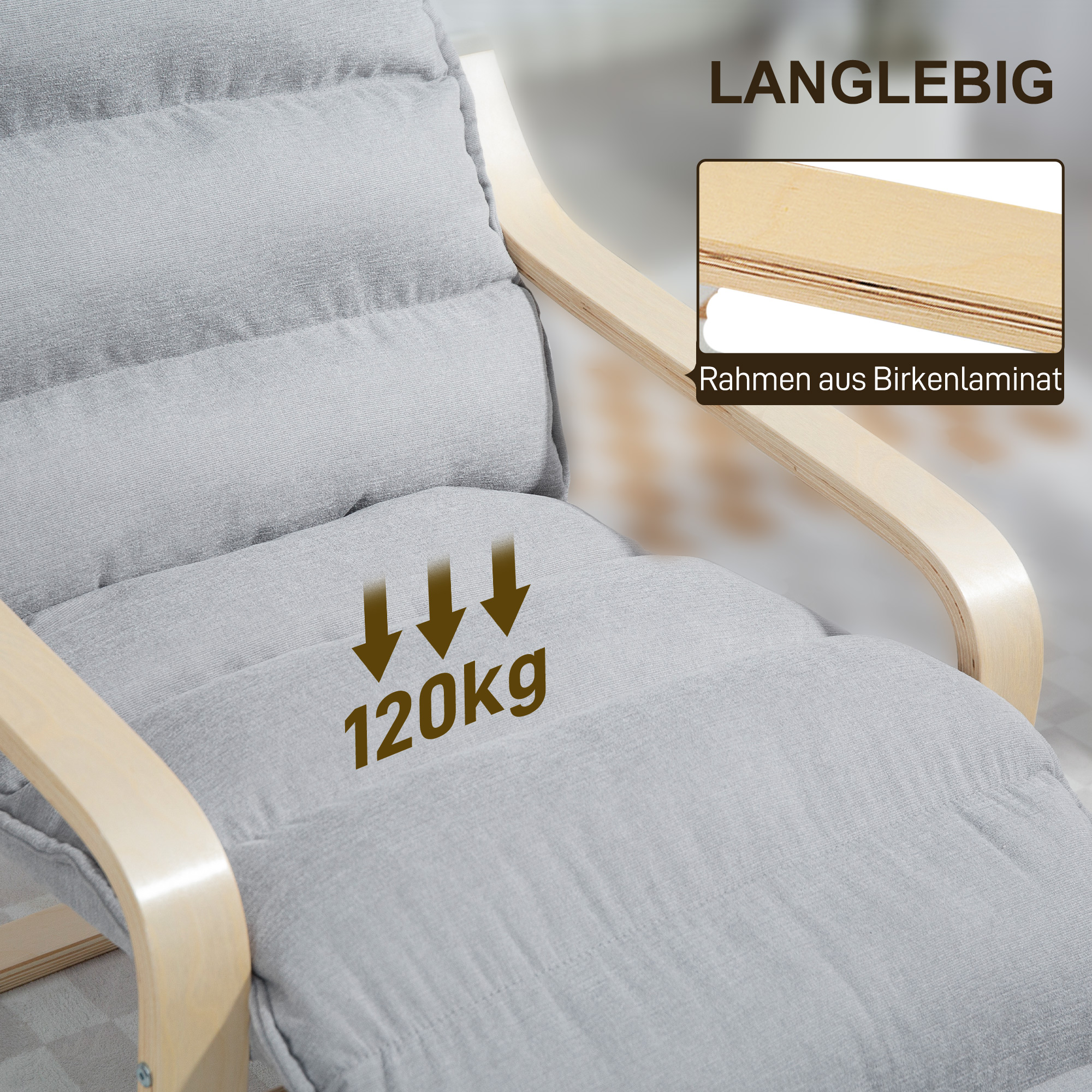 Lounge-Sessel aus Birkenholz, Polstersessel mit verstellbarer Fußstütze, Moderner Armlehnstuhl, Hellgrau