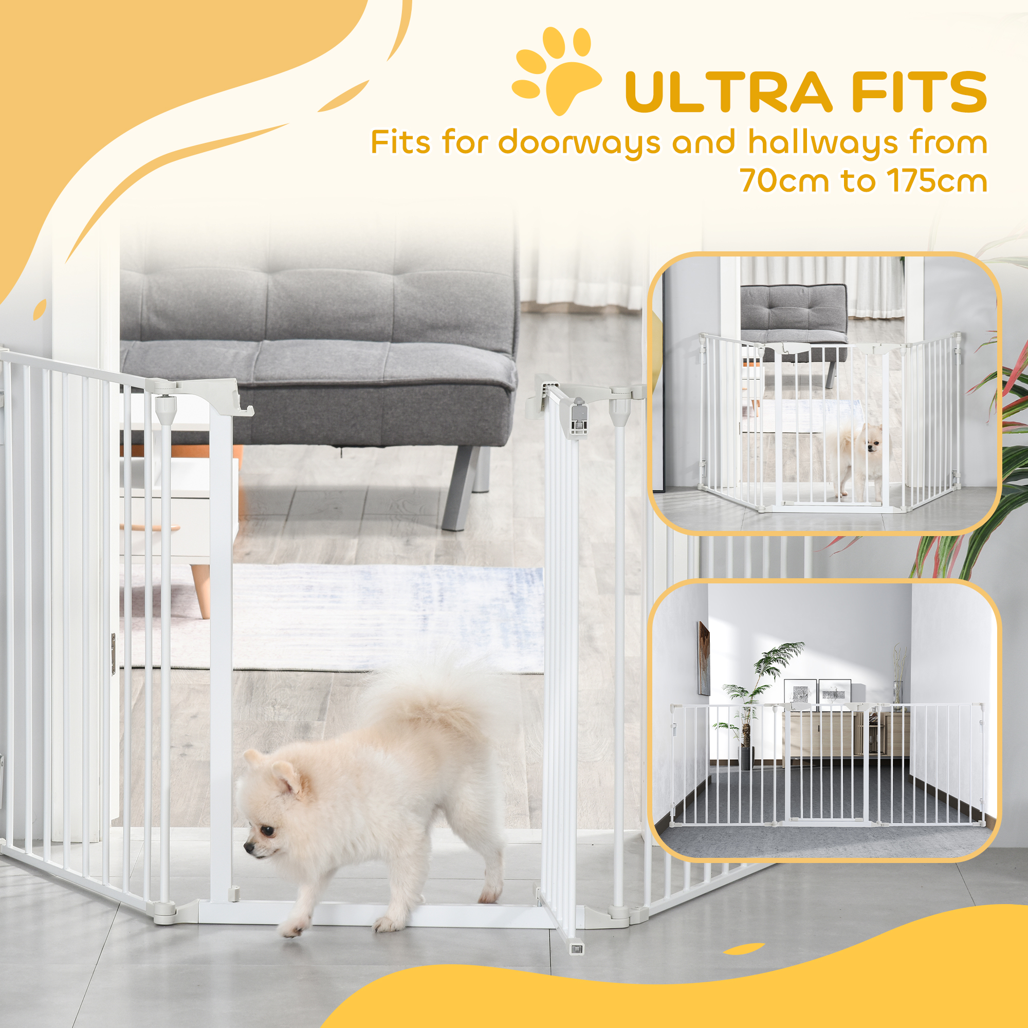 Türschutzgitter Absperrgitter Hund Freistehendes Schutzgitter 180 x 74,5 cm Hundegitter Klappbar Treppengitter Hundeabsperrgitter für Treppen, Türen, Küche, Flur, 3 Paneelen, Weiß